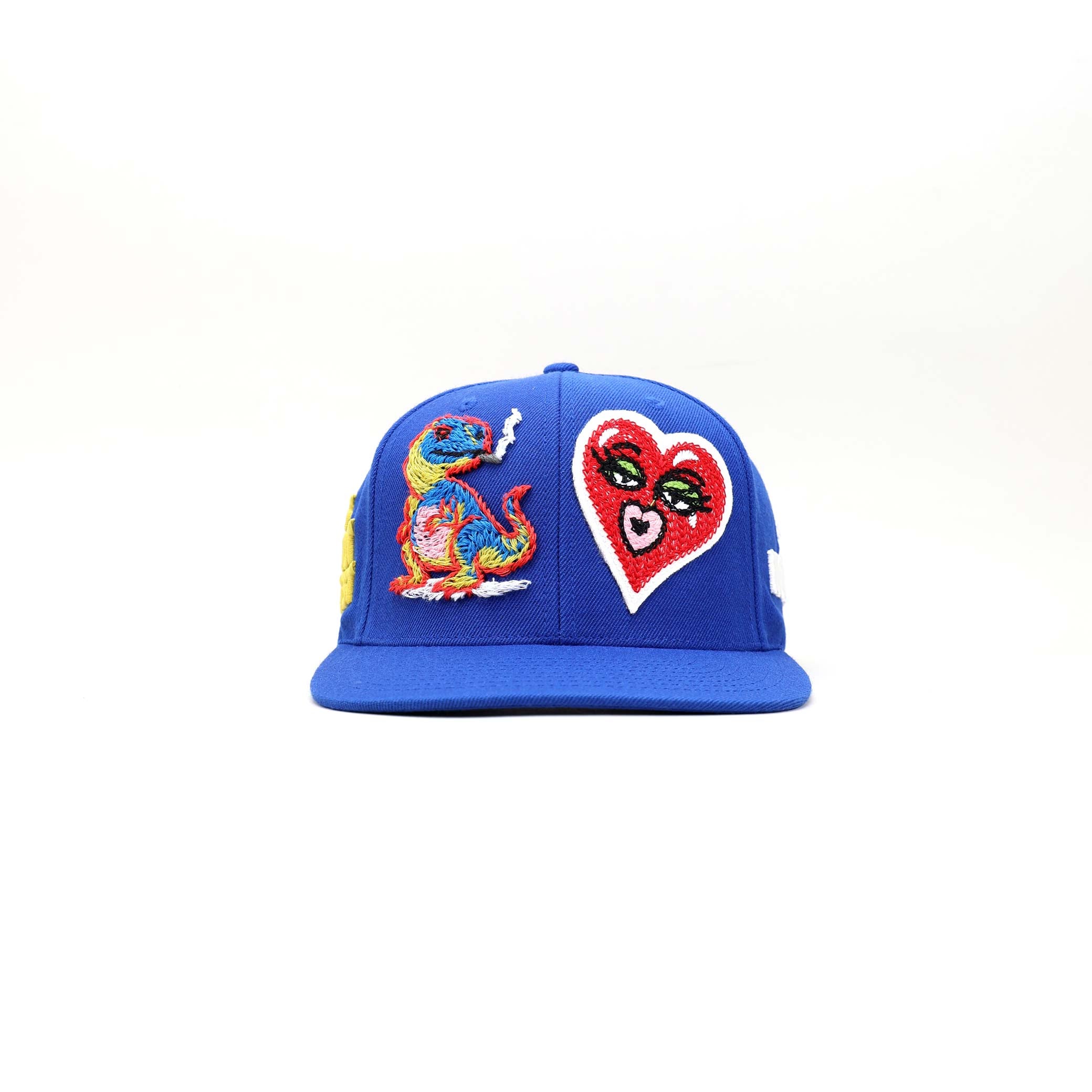 Blue cap, flat bill with embroidered text, colorful Graphic.