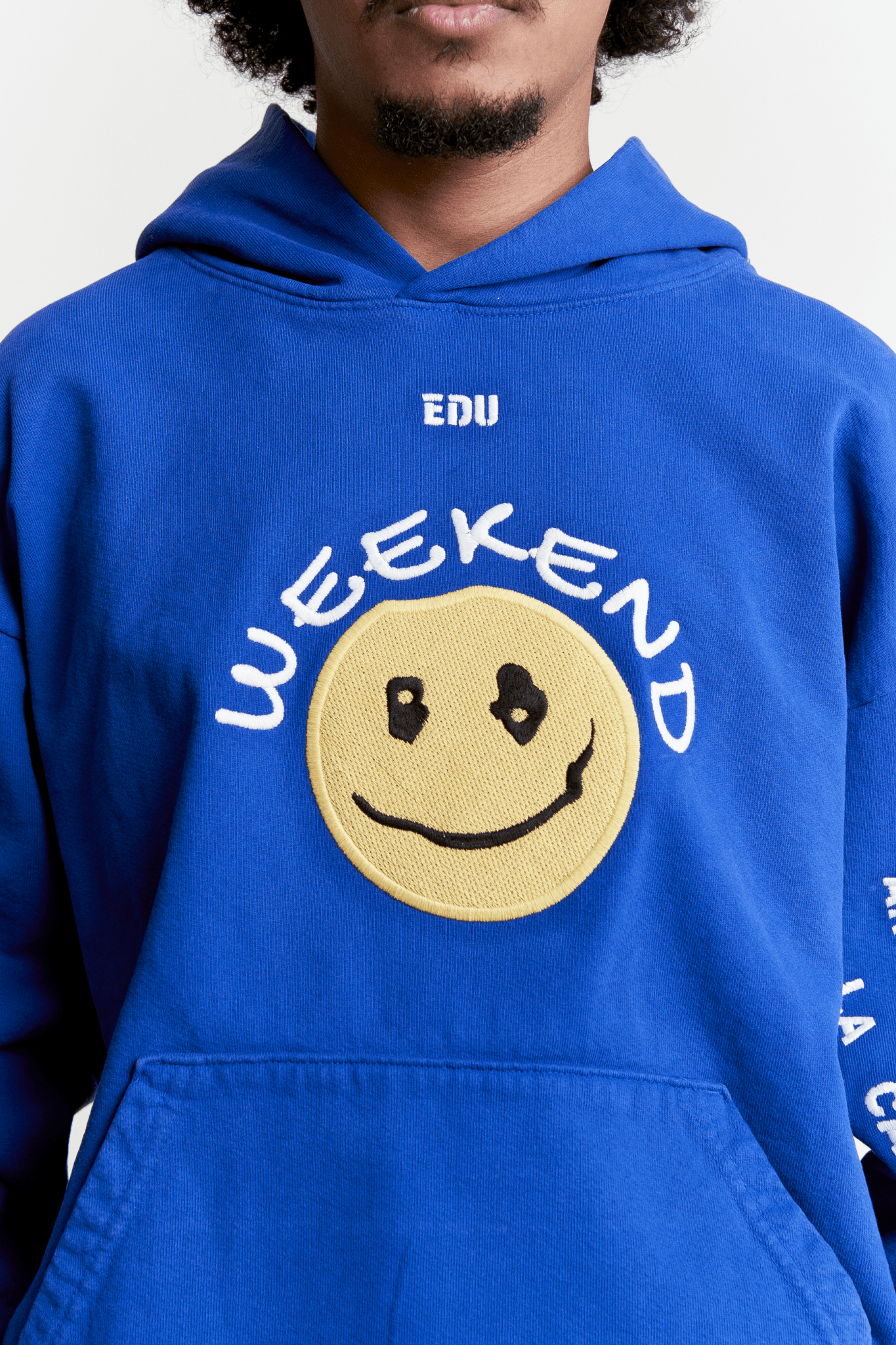 Happy Weekend Hoodie on male model - Front Detail View