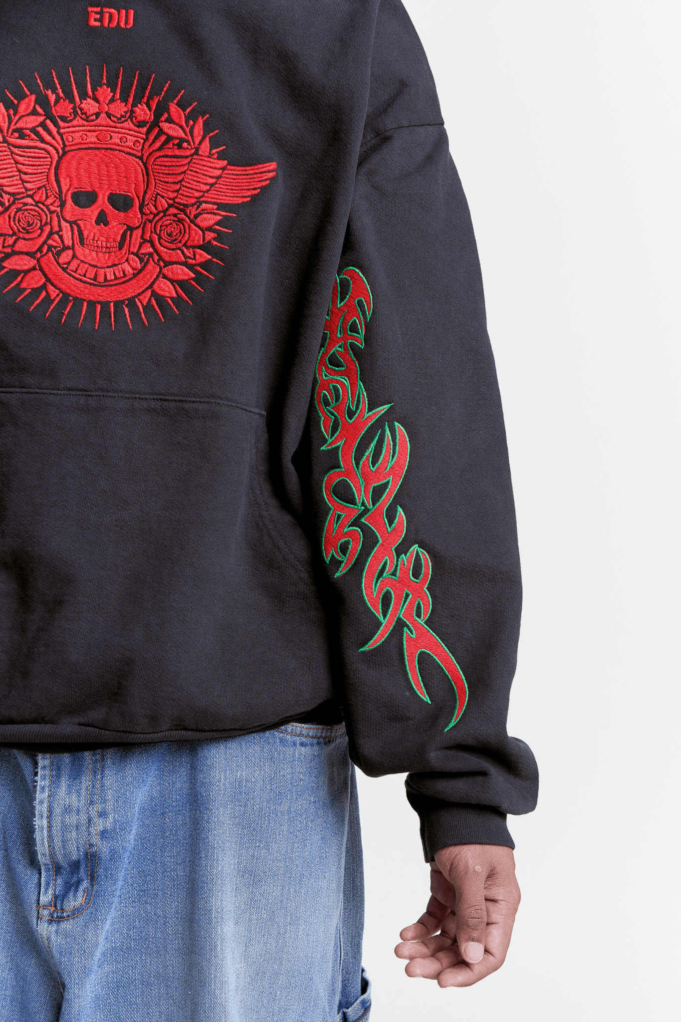 Crimson Skull Hoodies on male model - Detail View