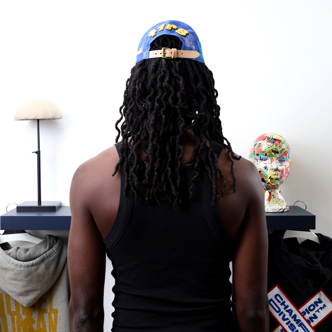 Fall 7 Rise 8 Blue Trucker Hat worn by male model -Back View