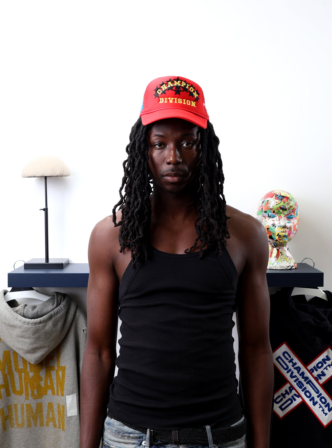 Fall 7 Rise 8 Red Trucker Hat worn by male model -Front View