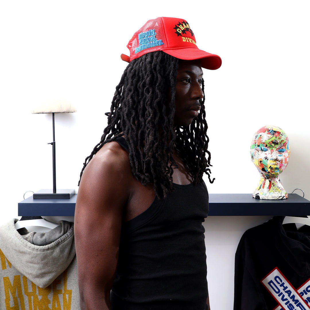 Fall 7 Rise 8 Red Trucker Hat worn by male model -right View