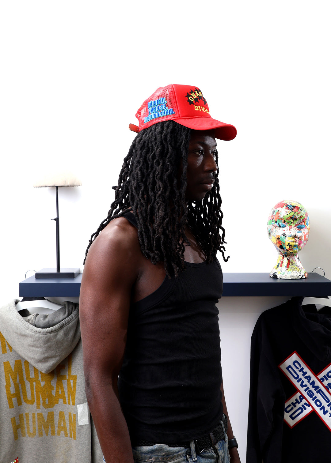 Fall 7 Rise 8 Red Trucker Hat worn by male model -right View