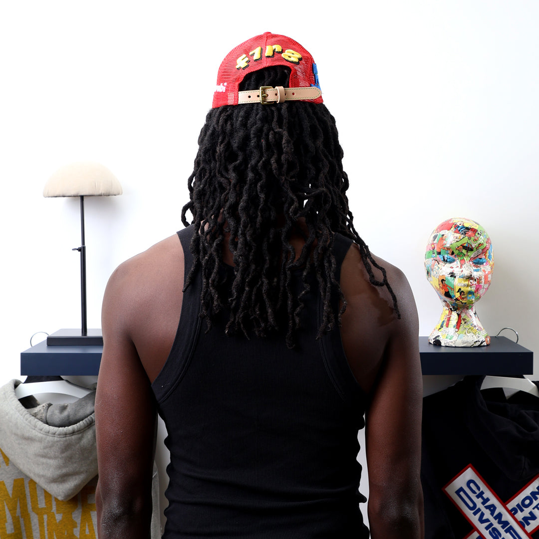 Fall 7 Rise 8 Red Trucker Hat worn by male model -Back View