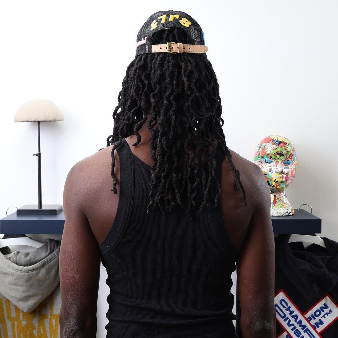 Fall 7 Rise 8 Black/White Trucker Hat worn by male model -Back View