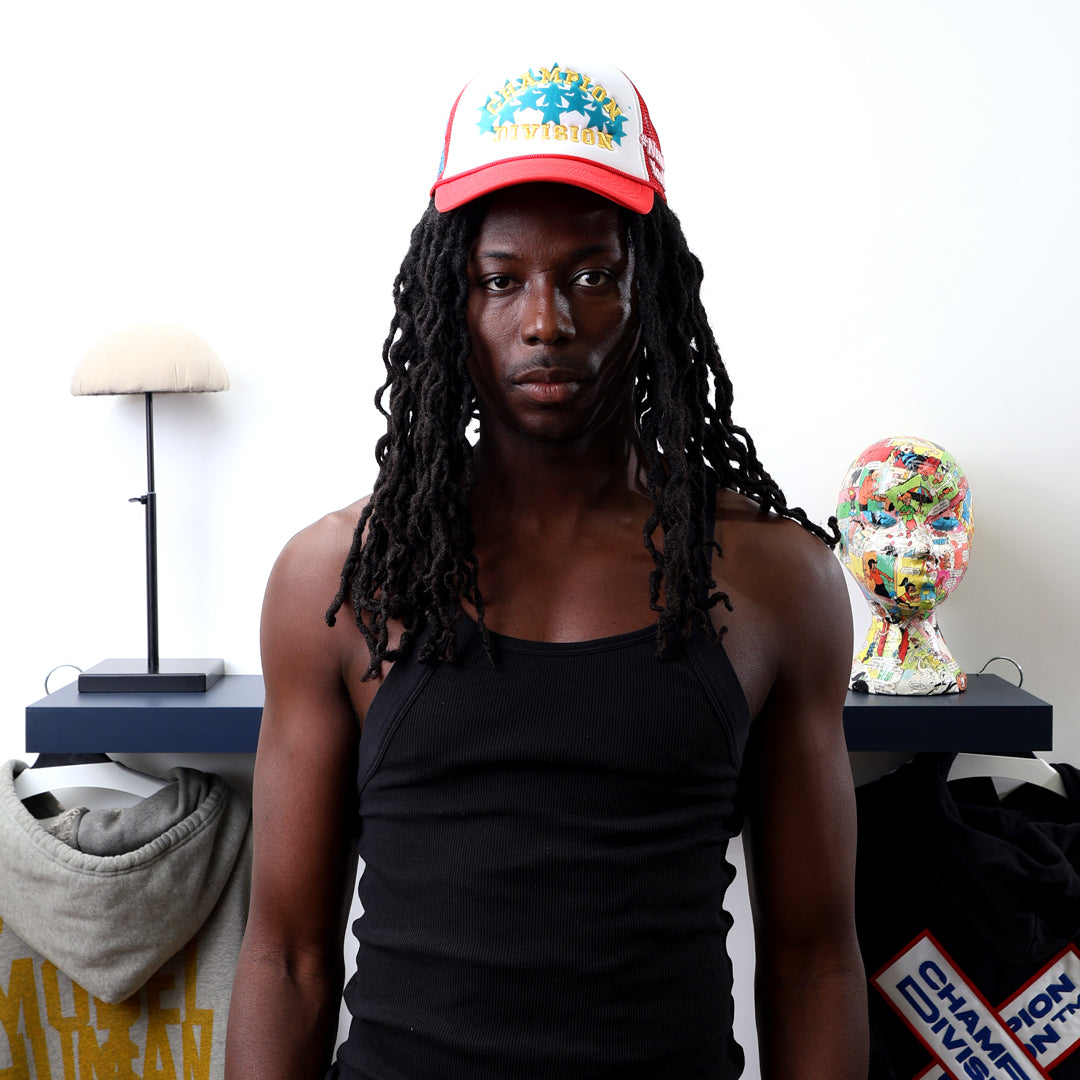 Fall 7 Rise 8 Red/White Trucker Hat worn by male model -Front View