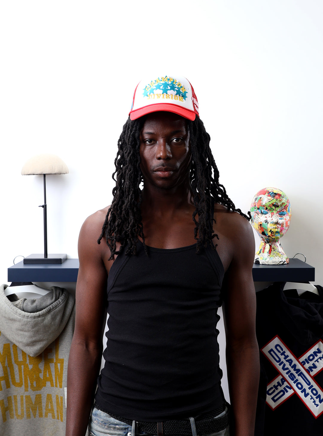 Fall 7 Rise 8 Red/White Trucker Hat worn by male model -Front View