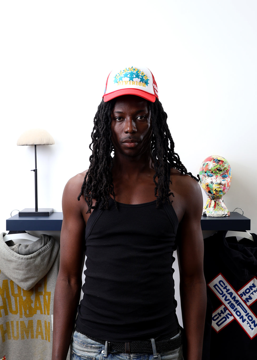 Fall 7 Rise 8 Red/White Trucker Hat worn by male model -Front View