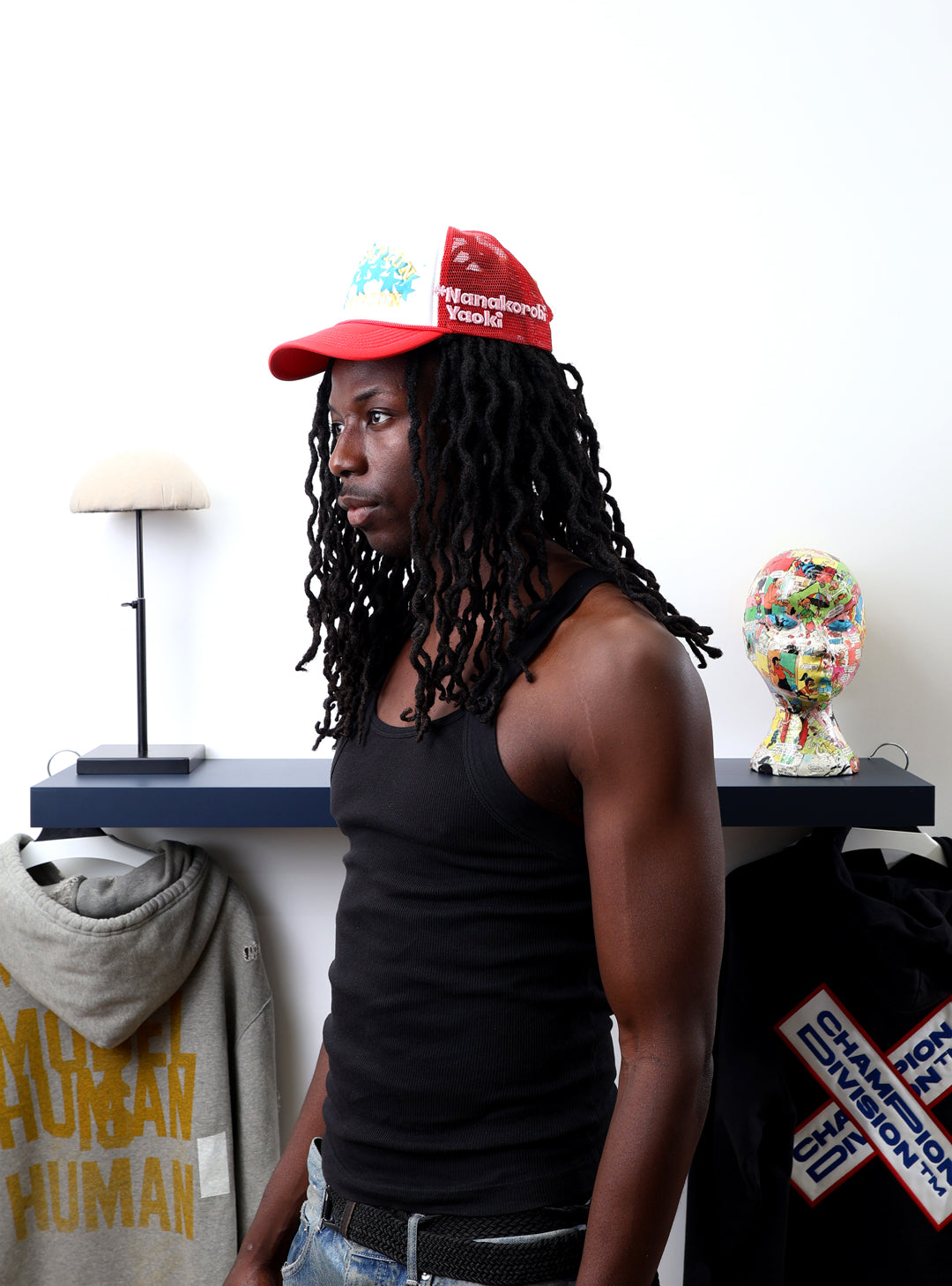 Fall 7 Rise 8 Red/White Trucker Hat worn by male model -Side View