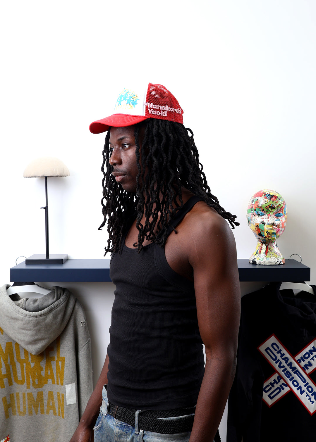 Fall 7 Rise 8 Red/White Trucker Hat worn by male model -Side View