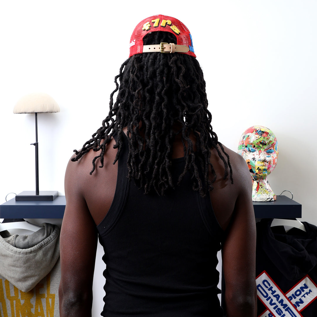 Fall 7 Rise 8 Red/White Trucker Hat worn by male model -Back View