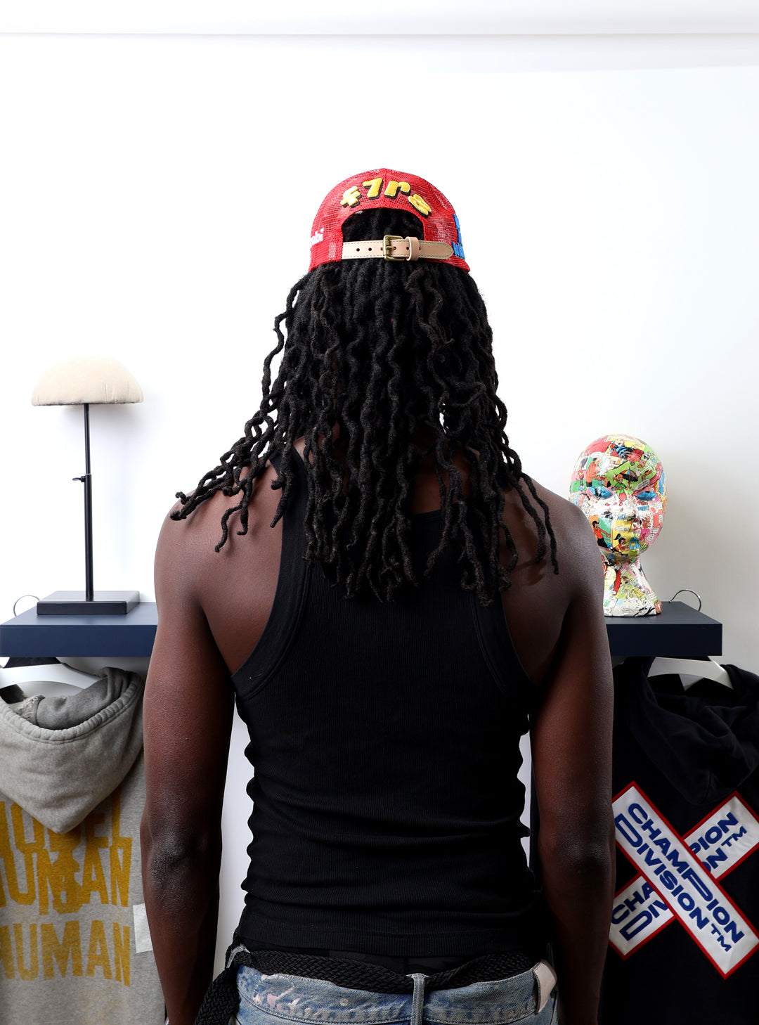 Fall 7 Rise 8 Red/White Trucker Hat worn by male model -Back View