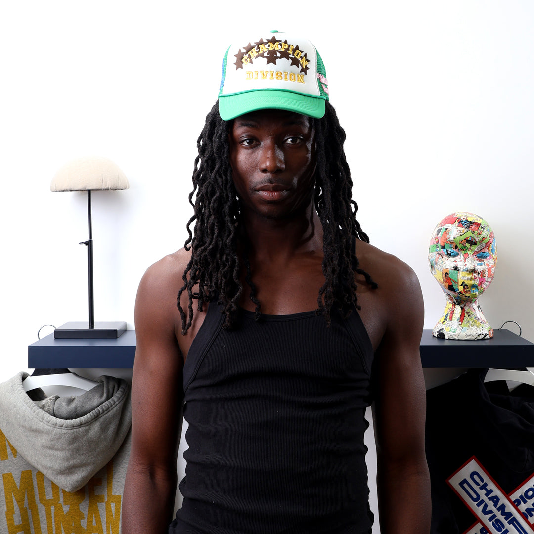 Fall 7 Rise 8 Green/White Trucker Hat worn by male model -Front View