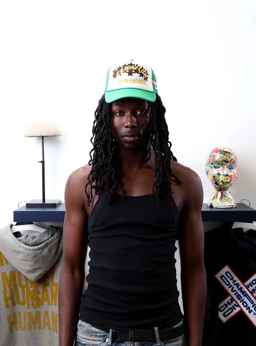 Fall 7 Rise 8 Green/White Trucker Hat worn by male model -Front View