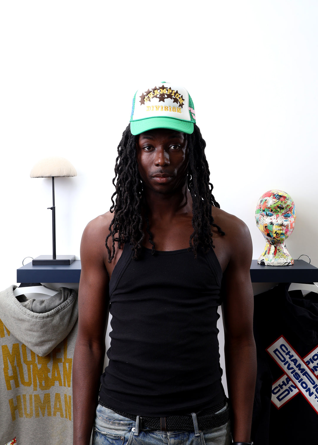 Fall 7 Rise 8 Green/White Trucker Hat worn by male model -Front View