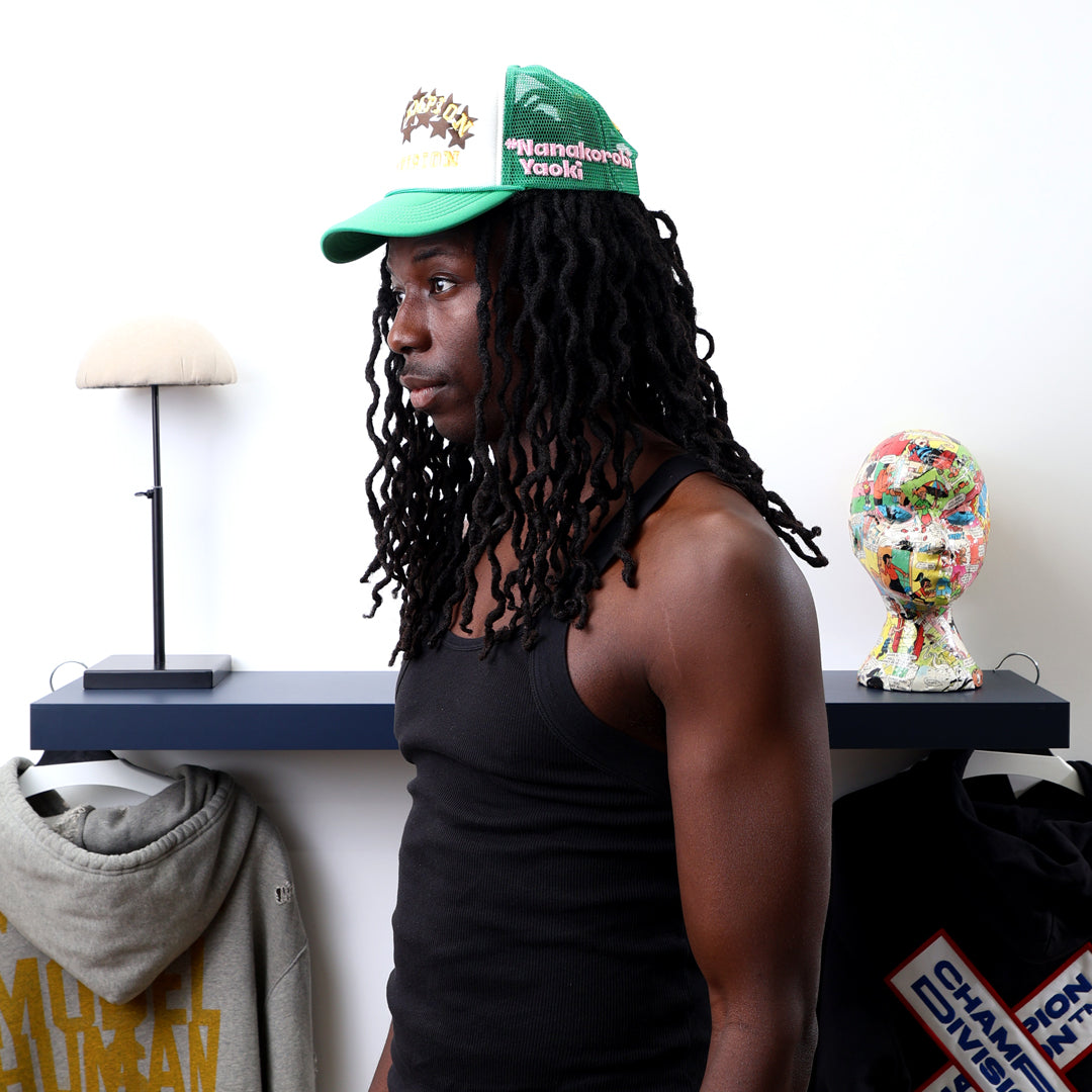 Fall 7 Rise 8 Green/White Trucker Hat worn by male model -Side View