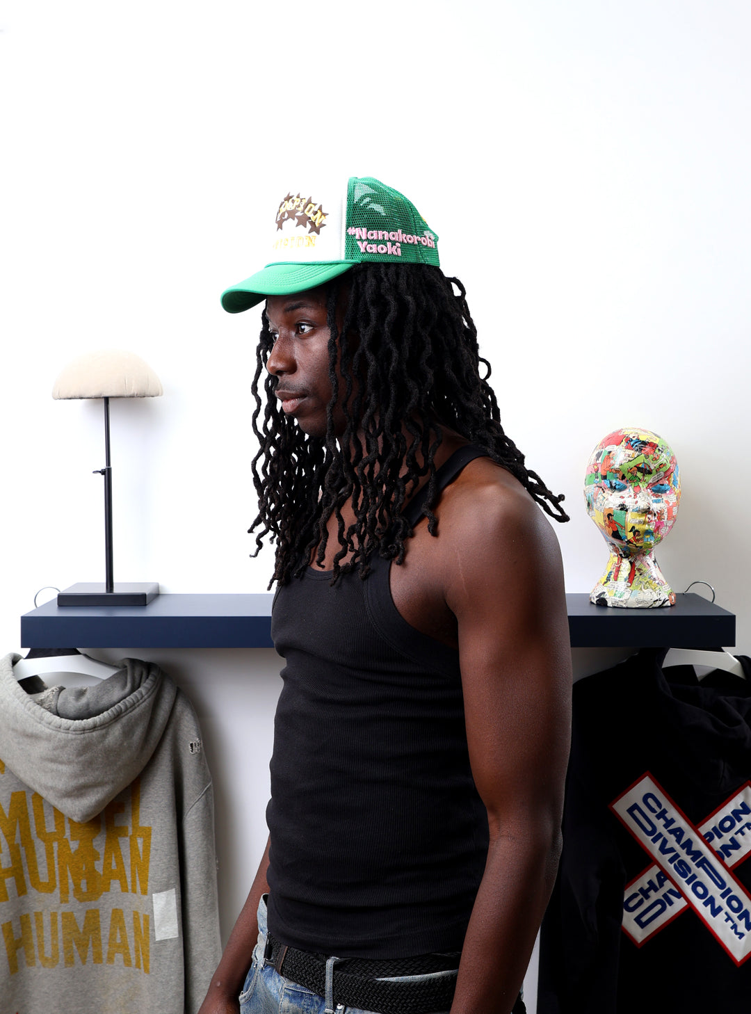 Fall 7 Rise 8 Green/White Trucker Hat worn by male model -Side View