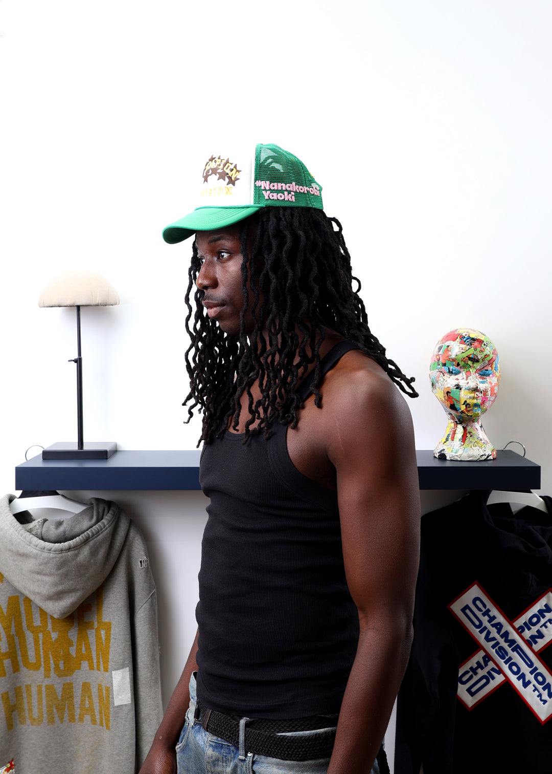 Fall 7 Rise 8 Green/White Trucker Hat worn by male model -Side View