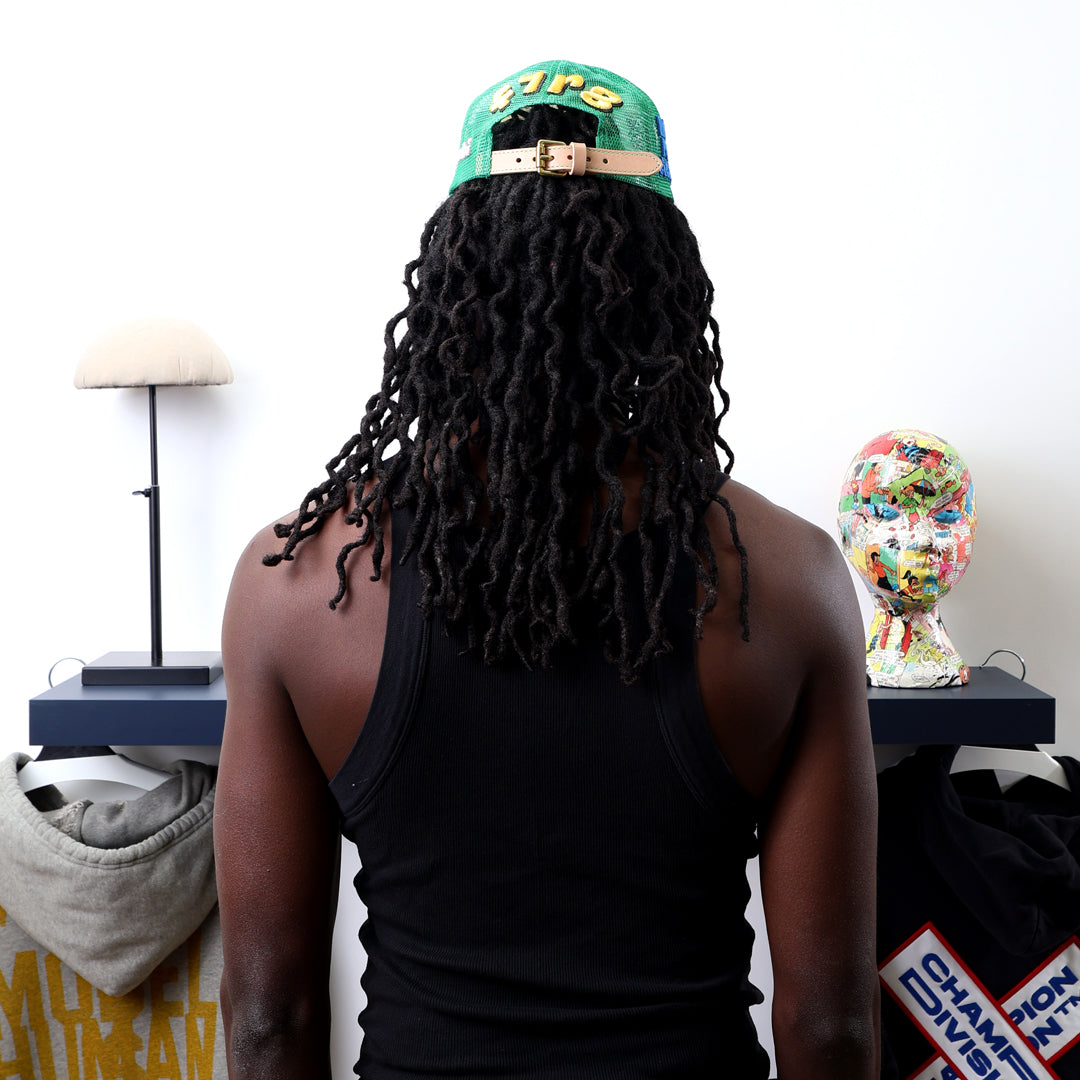 Fall 7 Rise 8 Green/White Trucker Hat worn by male model -Back View