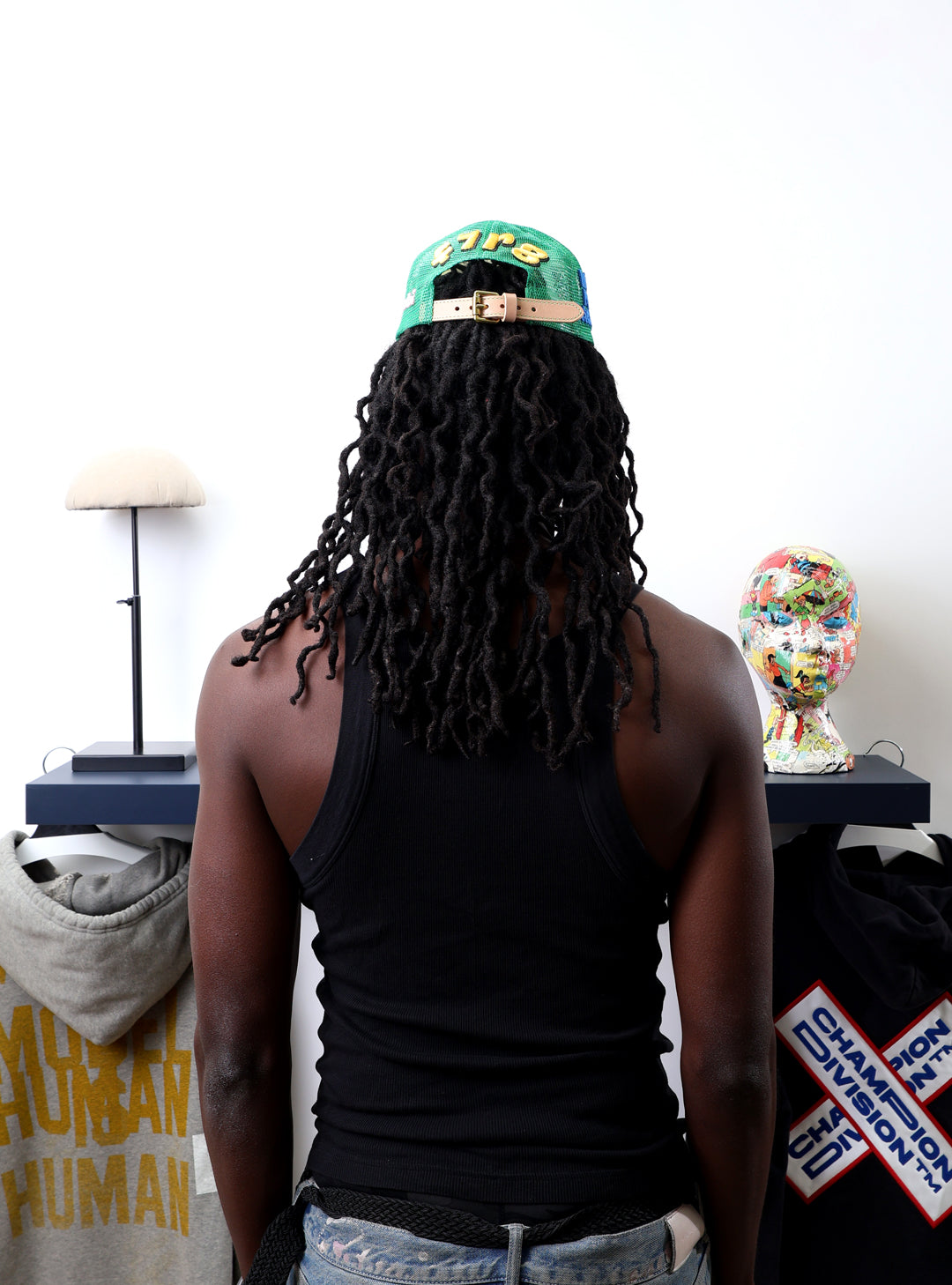 Fall 7 Rise 8 Green/White Trucker Hat worn by male model -Back View