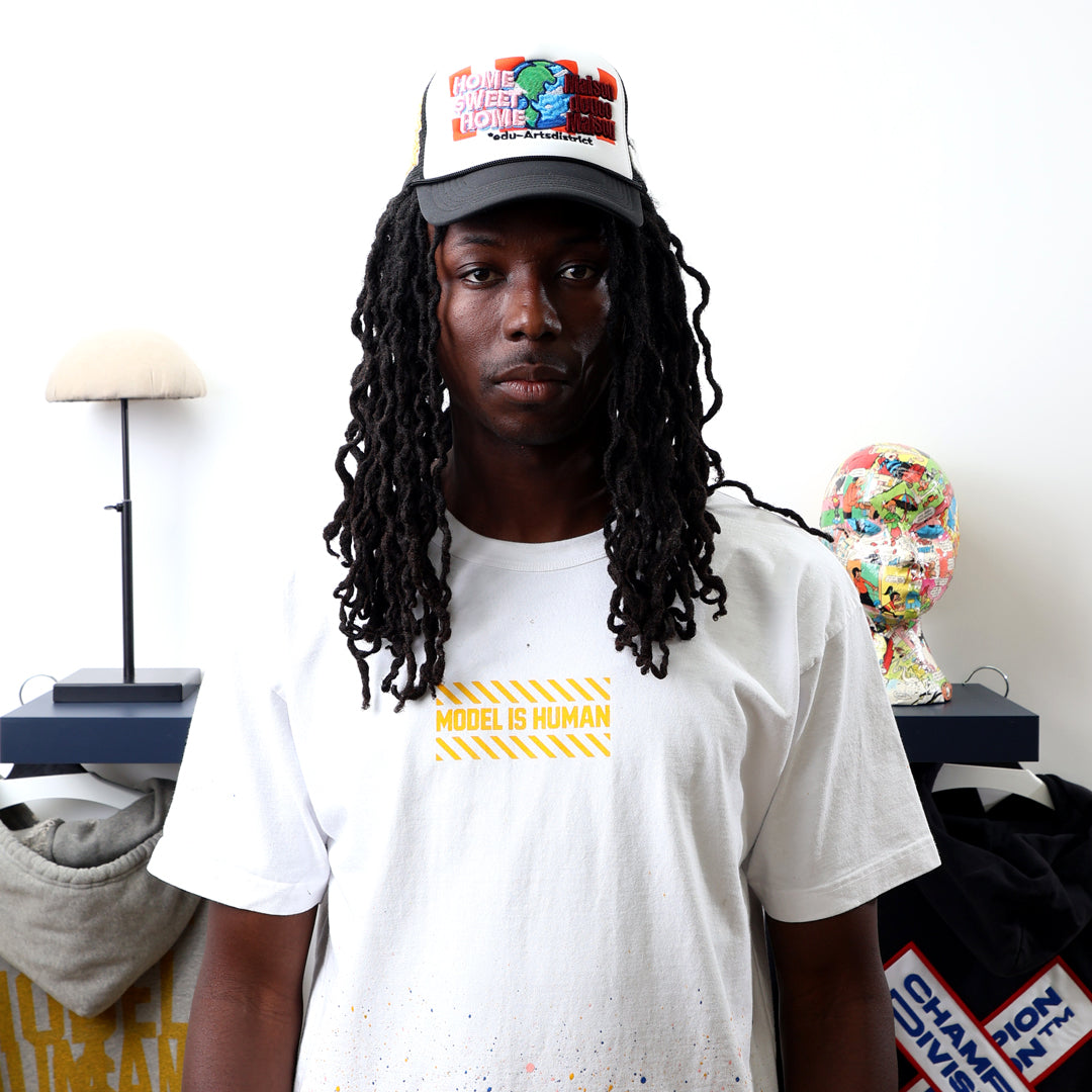 Home Sweet Home Black/White Trucker Hat worn by male model -Front View