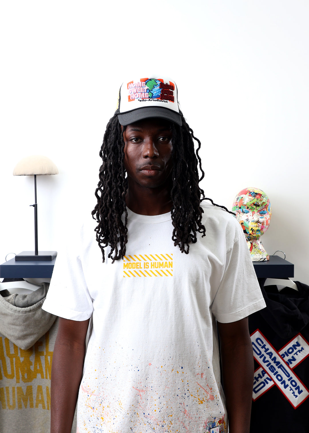 Home Sweet Home Black/White Trucker Hat worn by male model -Front View