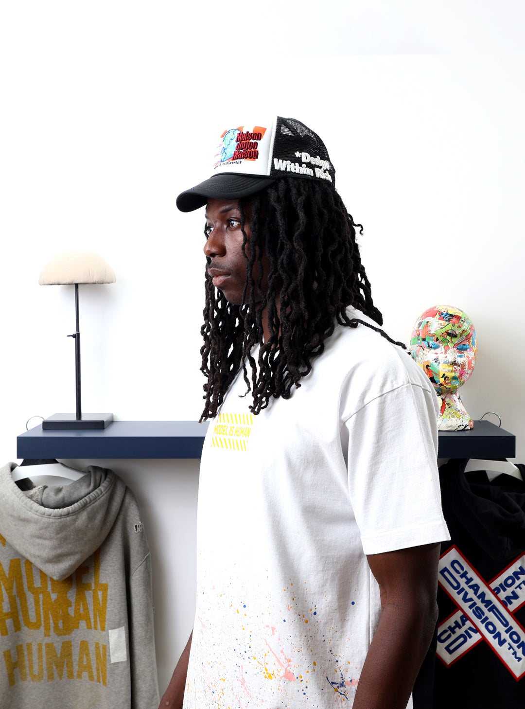 Home Sweet Home Black/White Trucker Hat worn by male model -Side View
