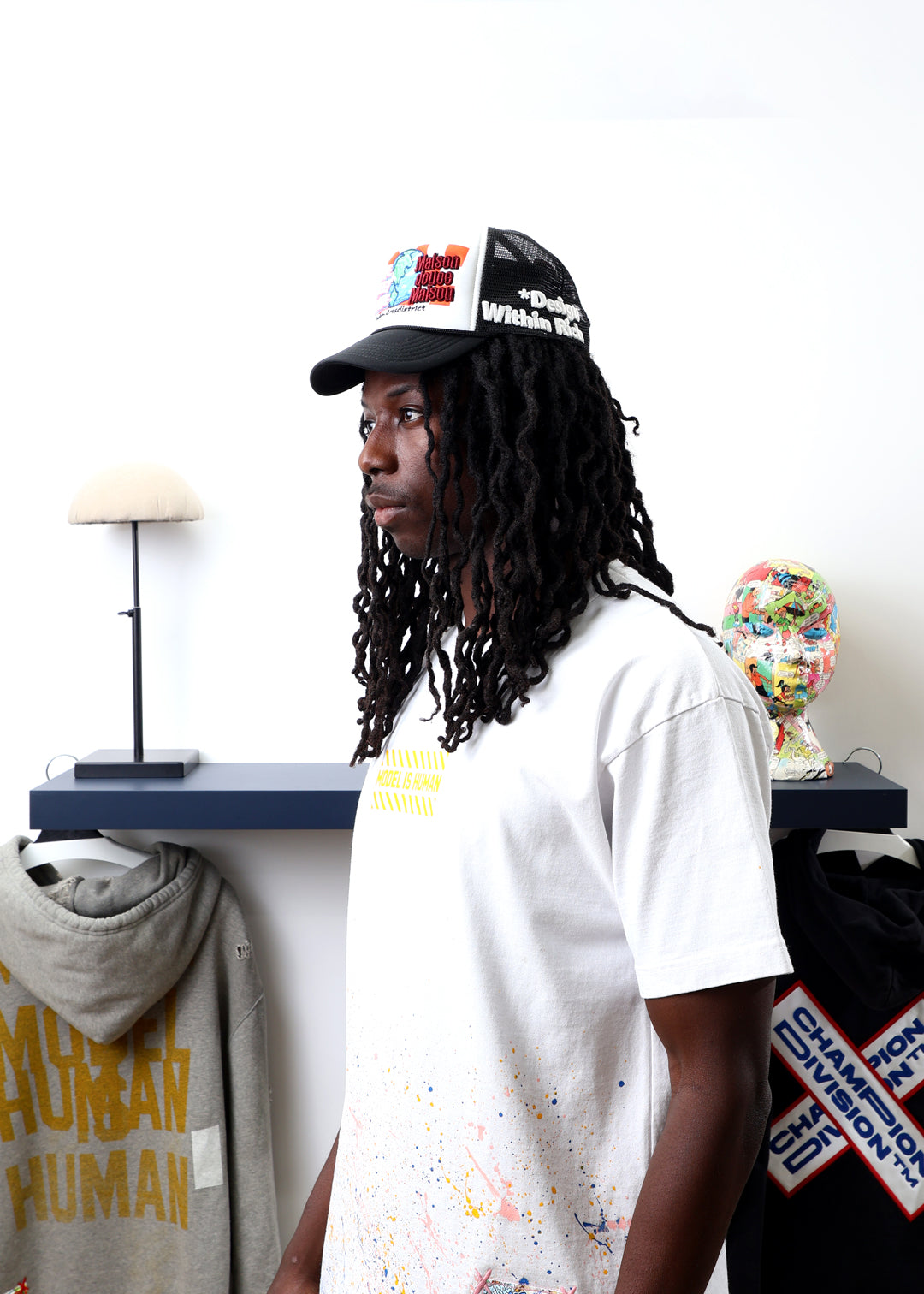 Home Sweet Home Black/White Trucker Hat worn by male model -Side View