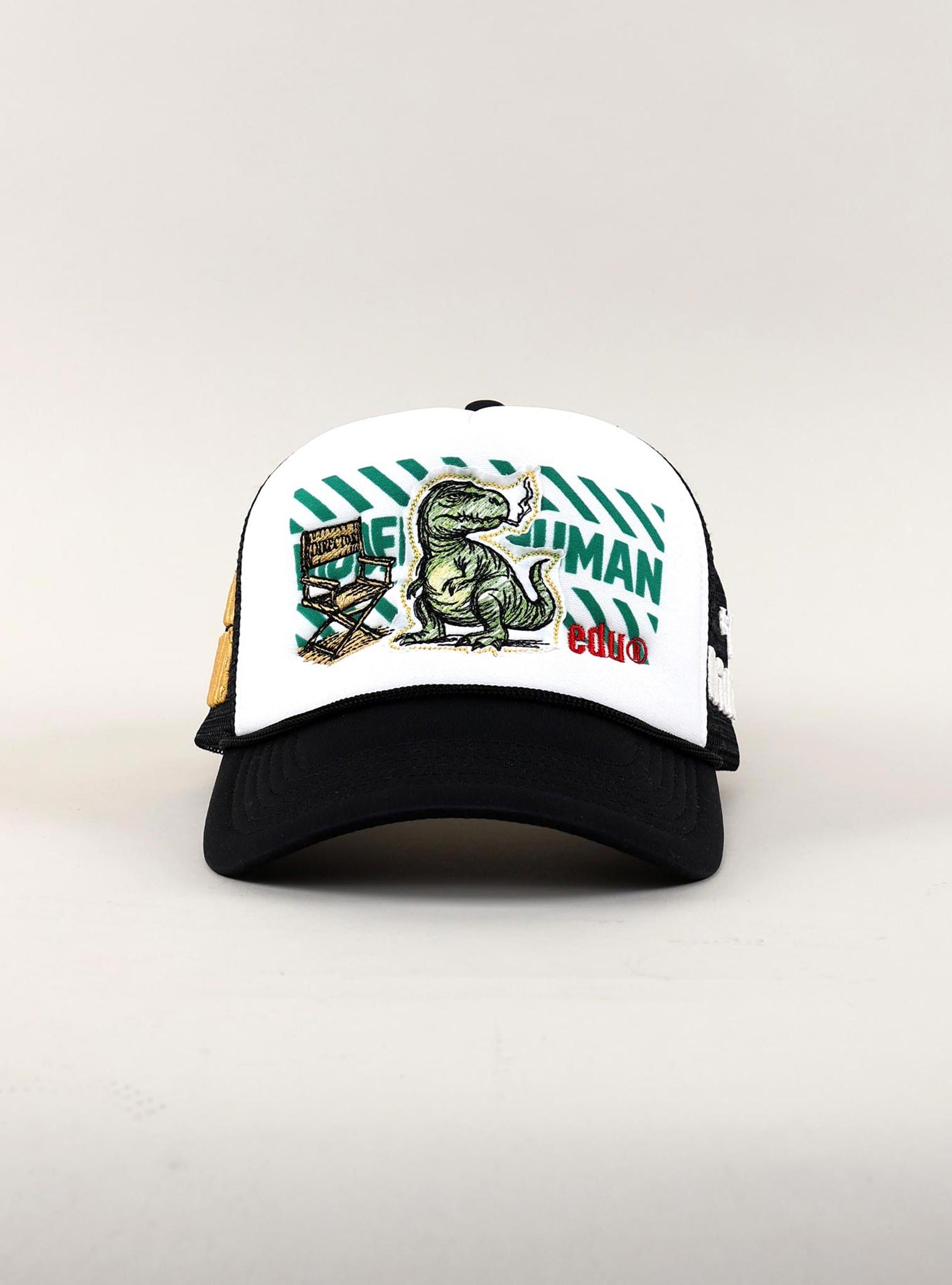 Baseball cap with dinosaur and chair design.