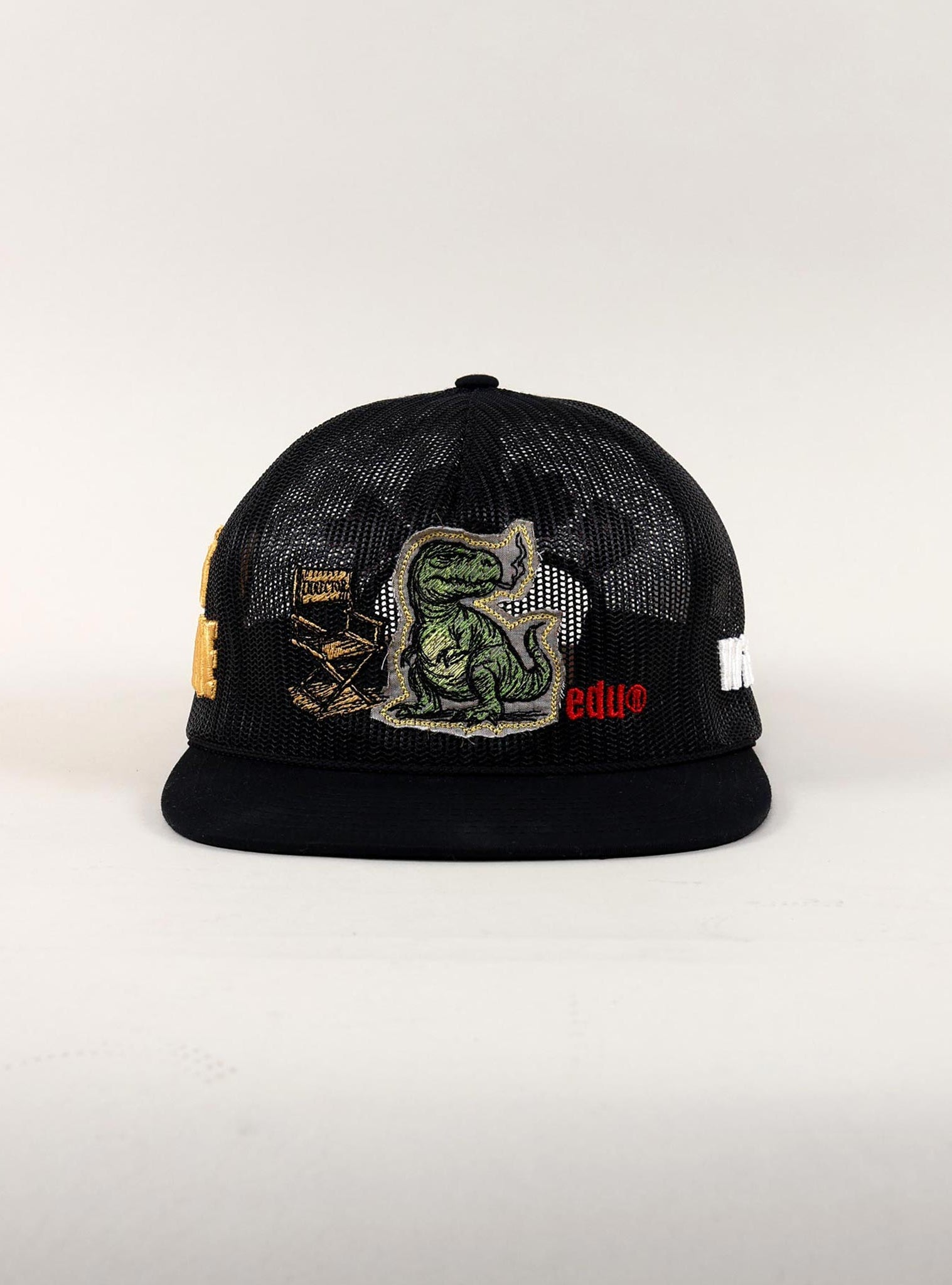 Black and white cap with dinosaur and text design.