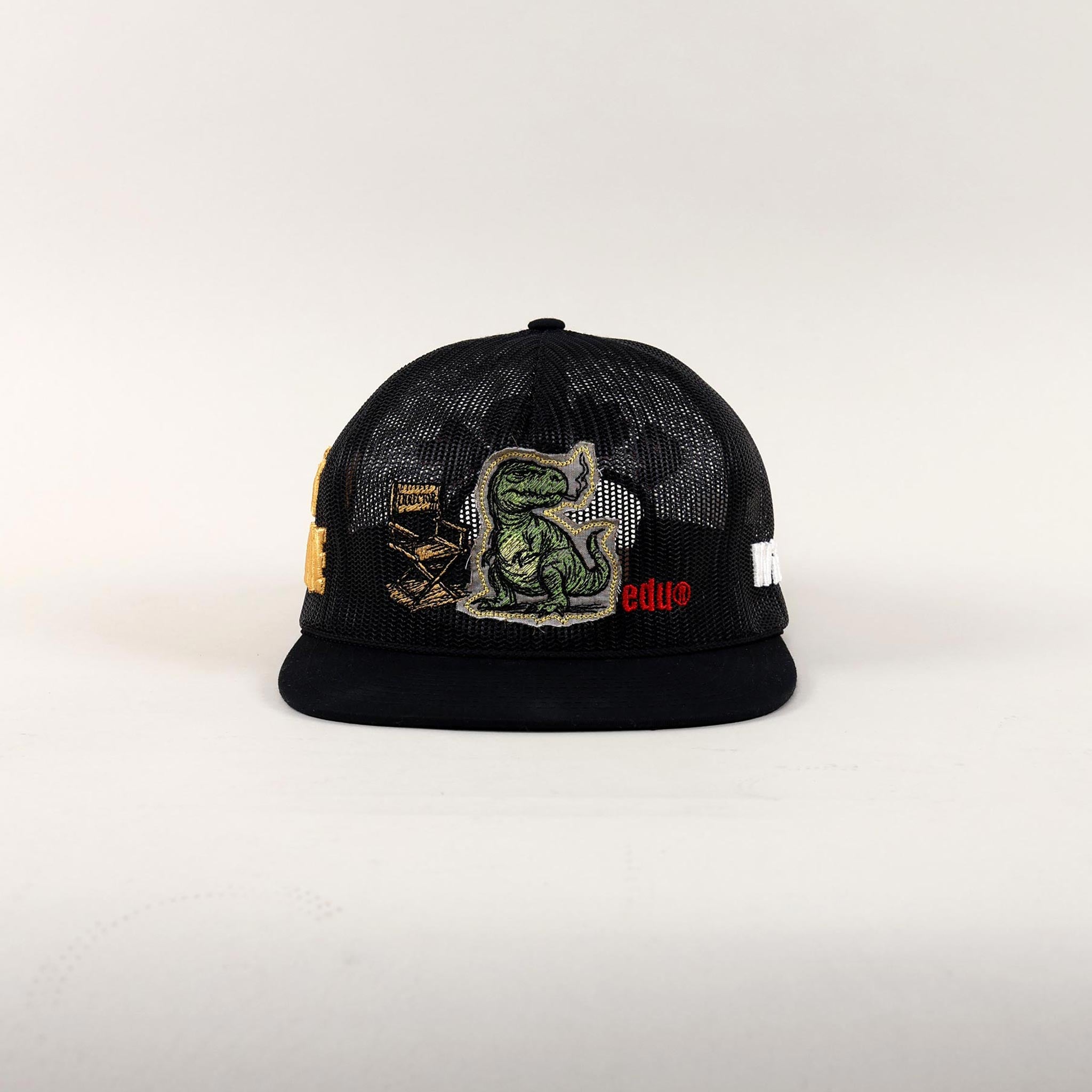 Black and white cap with dinosaur and text design.