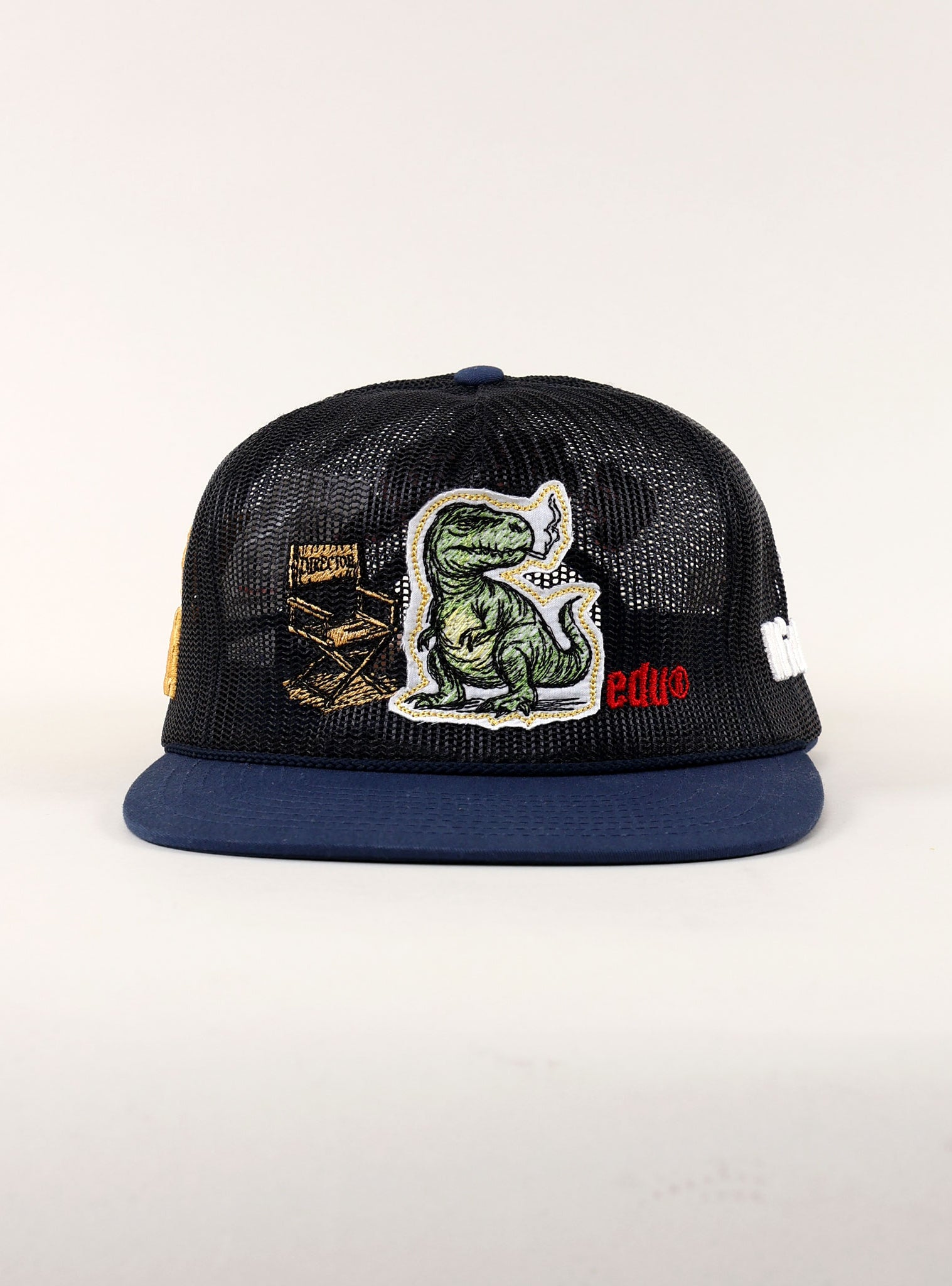 Black cap with dinosaur patch and blue brim.
