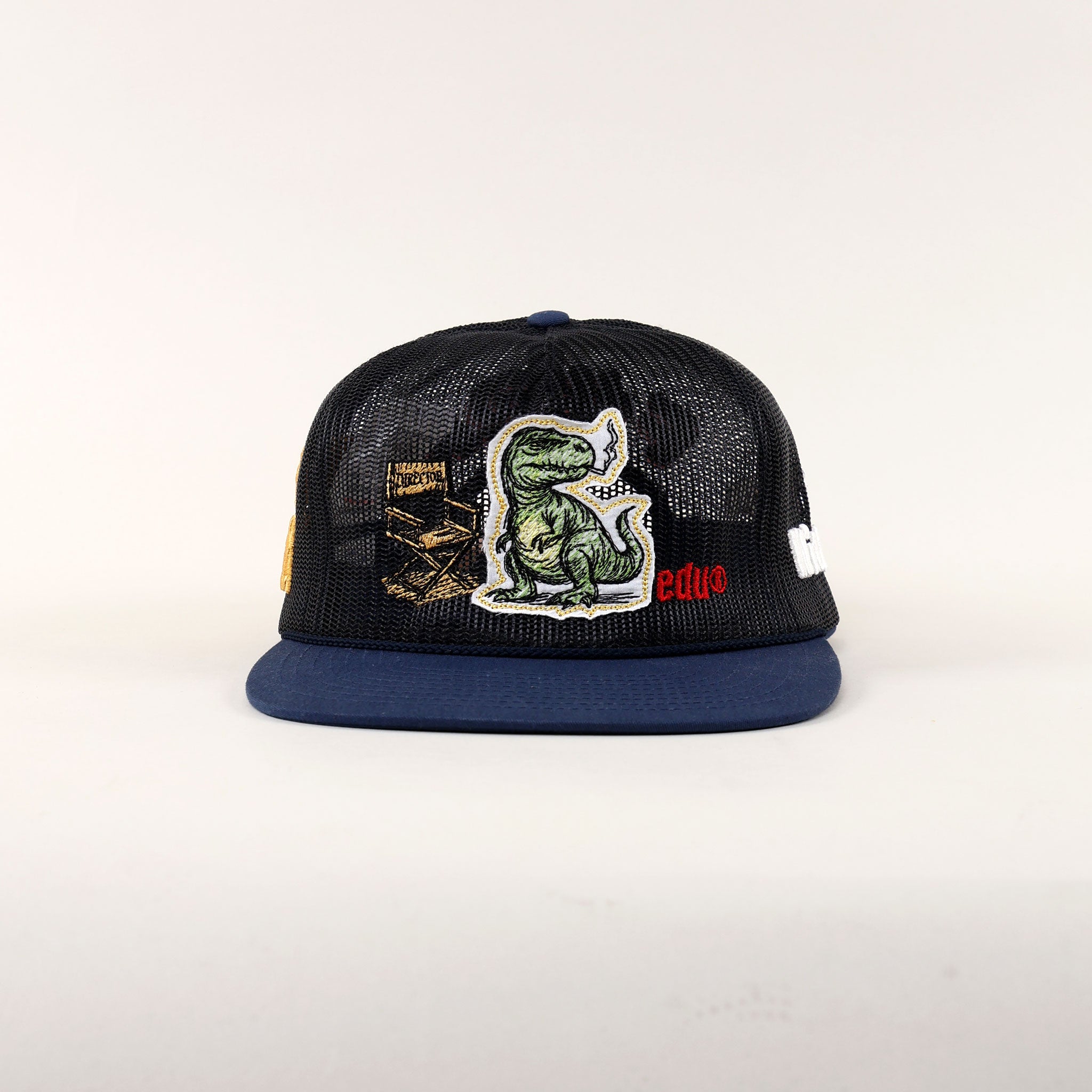 Black cap with dinosaur patch and blue brim.
