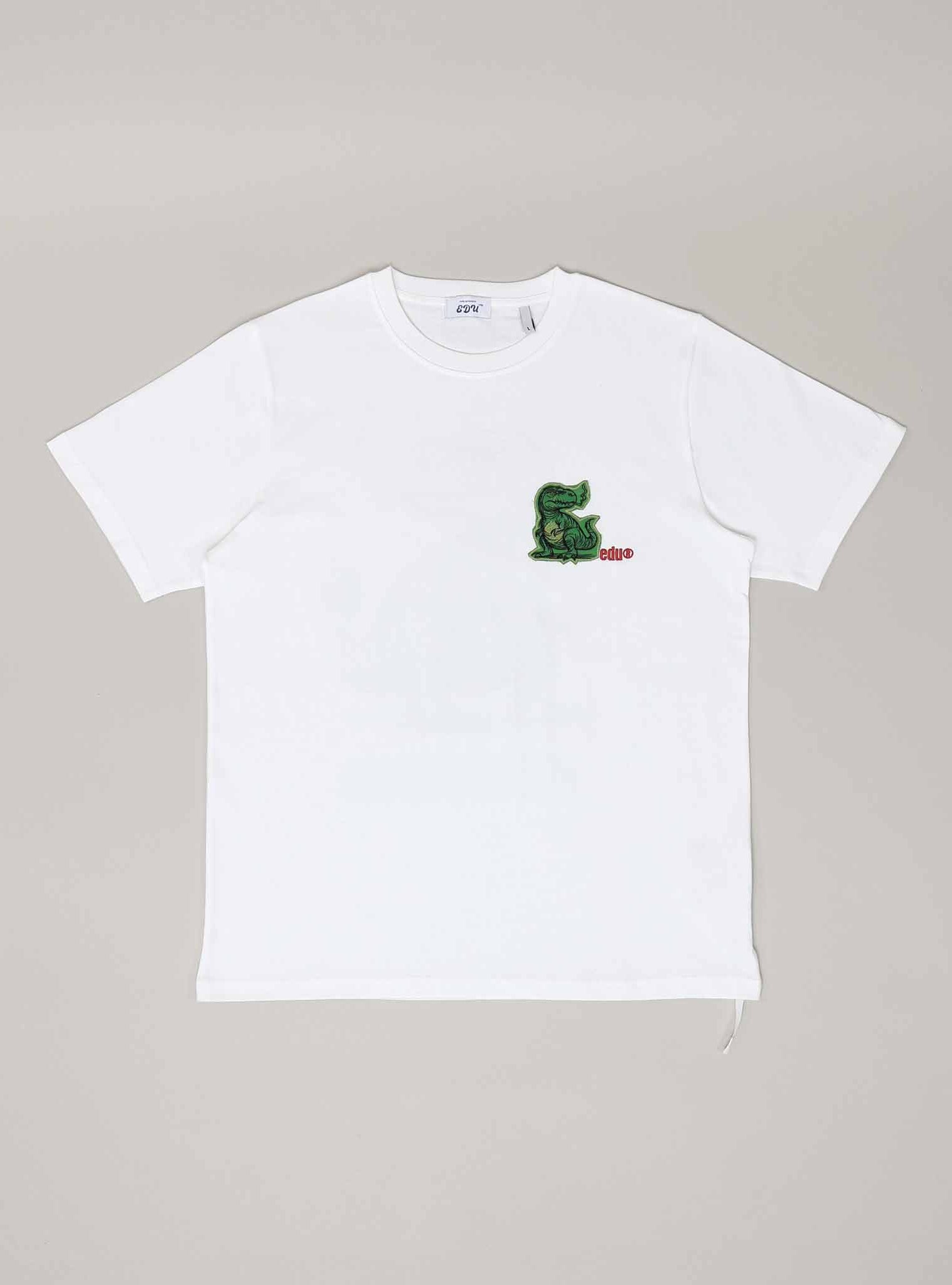 White T-shirt with green crocodile logo.