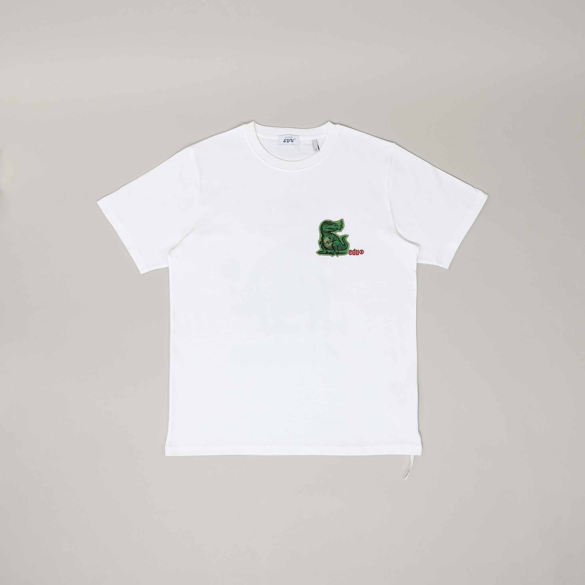 White T-shirt with green crocodile logo.