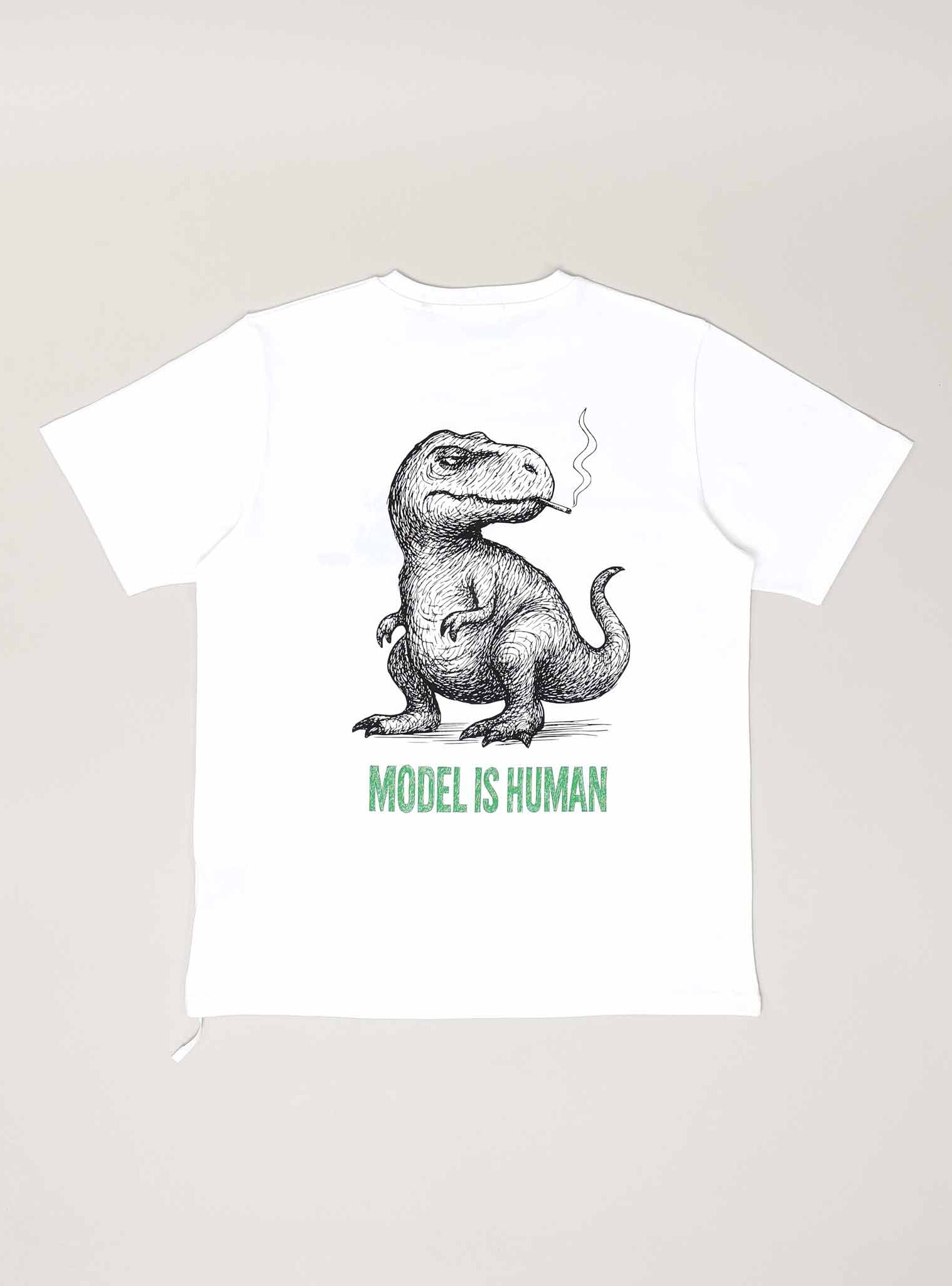 White T-shirt with dinosaur illustration and text.