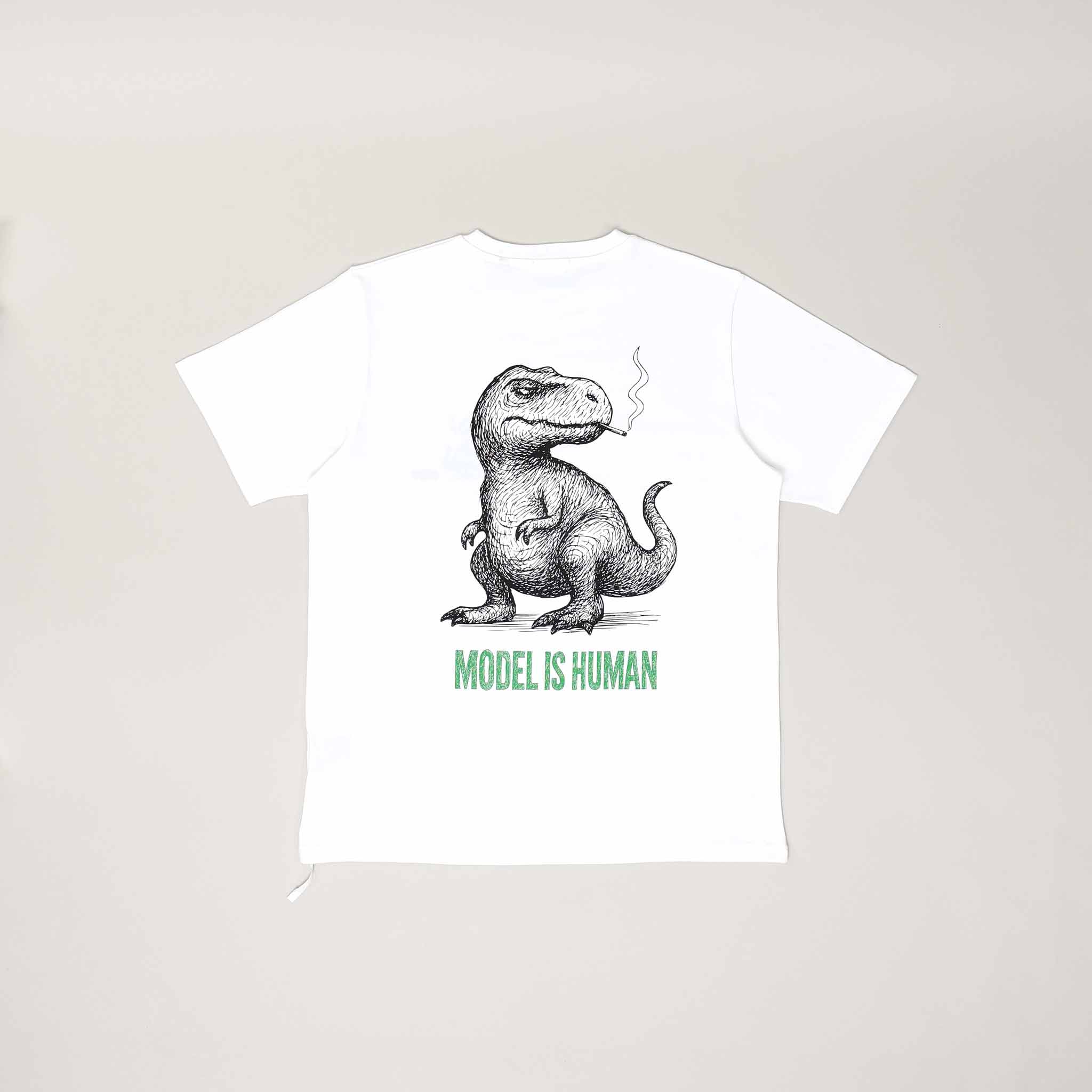 White T-shirt with dinosaur illustration and text.