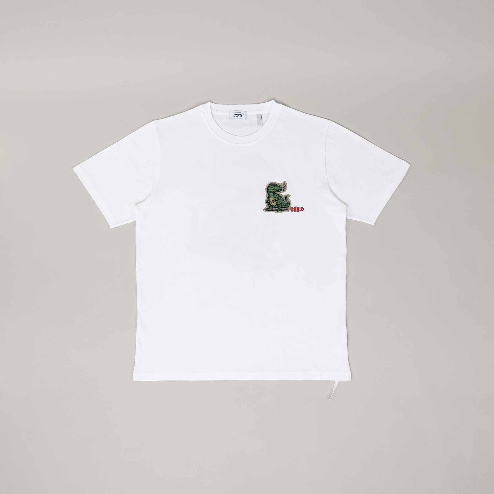 White T-shirt with green dinosaur graphic.
