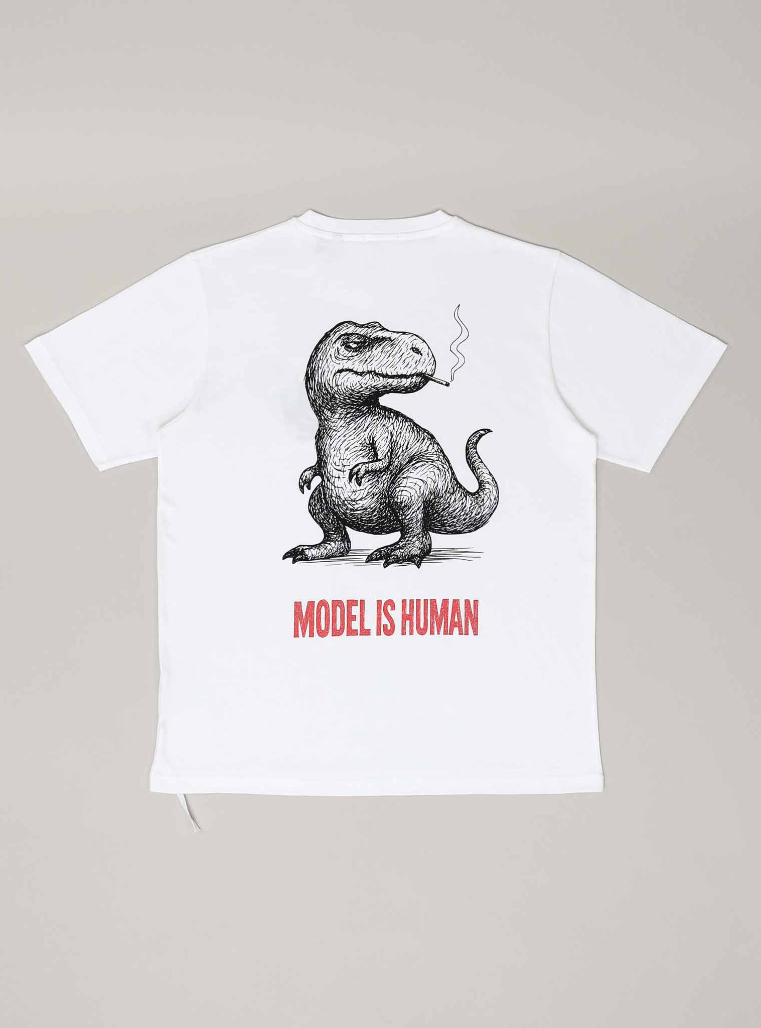 White T-shirt with dinosaur illustration and text.