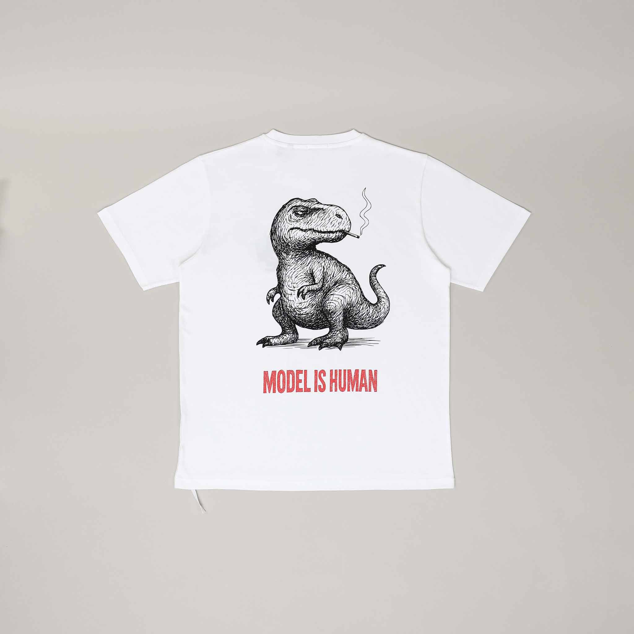 White T-shirt with dinosaur illustration and text.