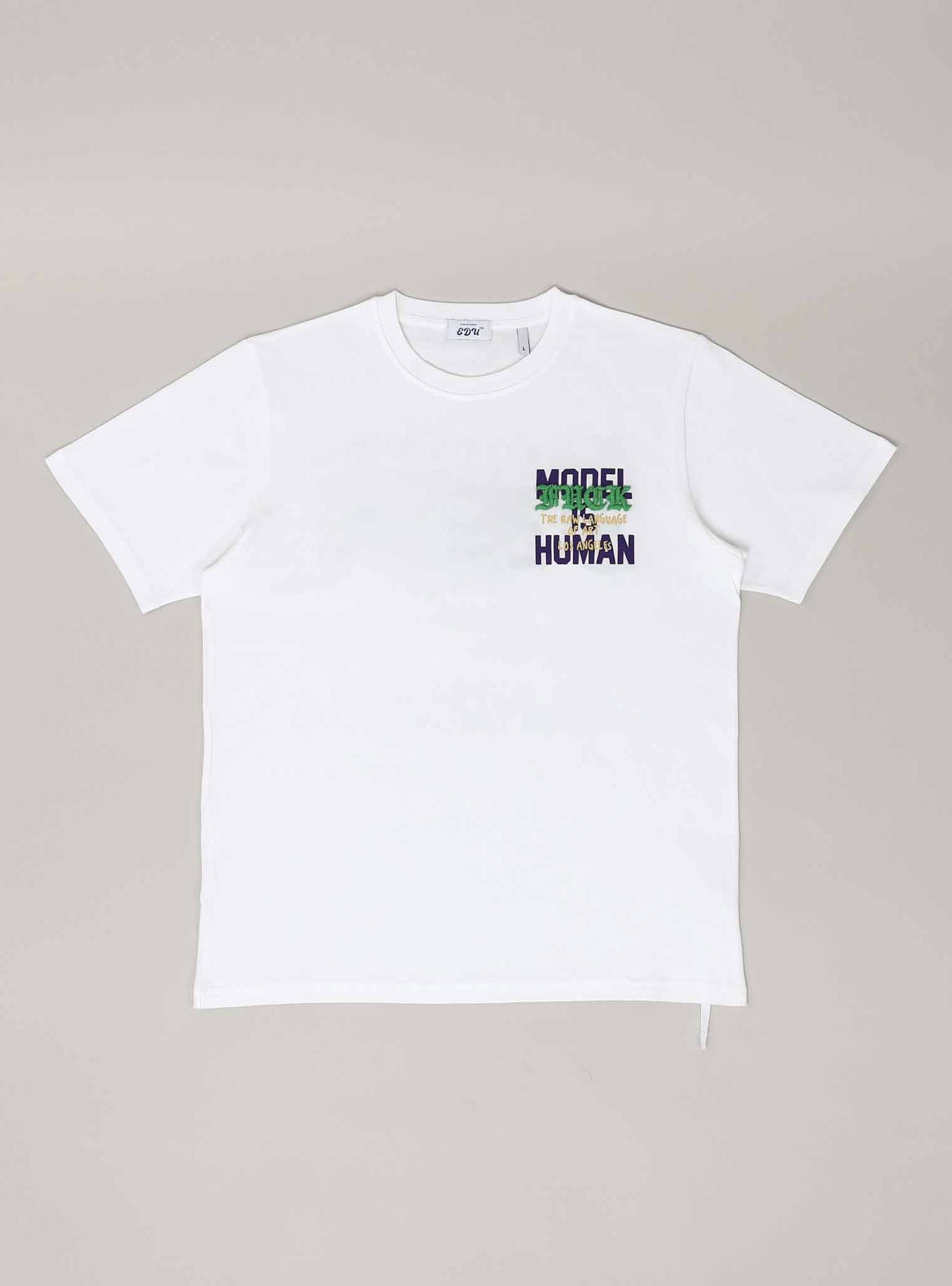 White T-shirt with "Model Human" text design.