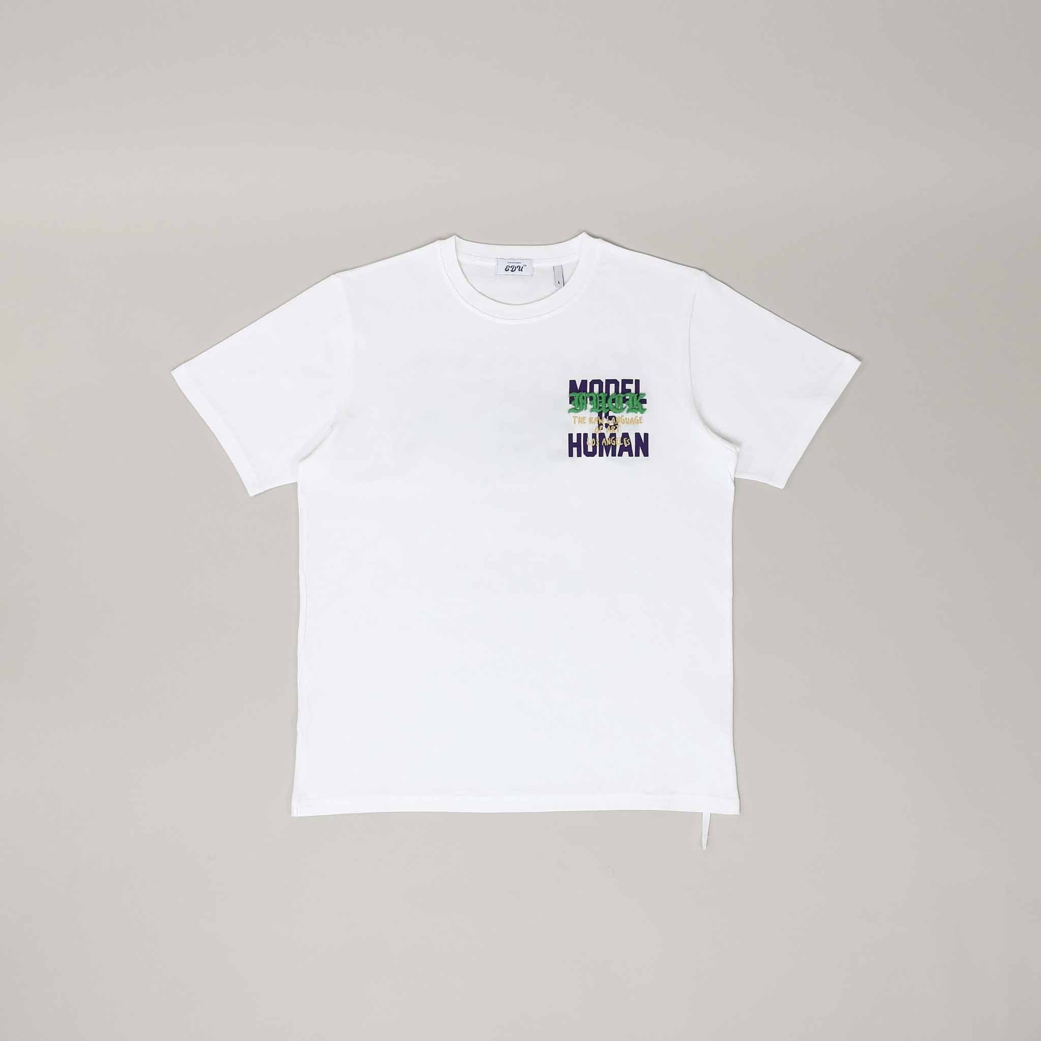 White T-shirt with "Model Human" text design.