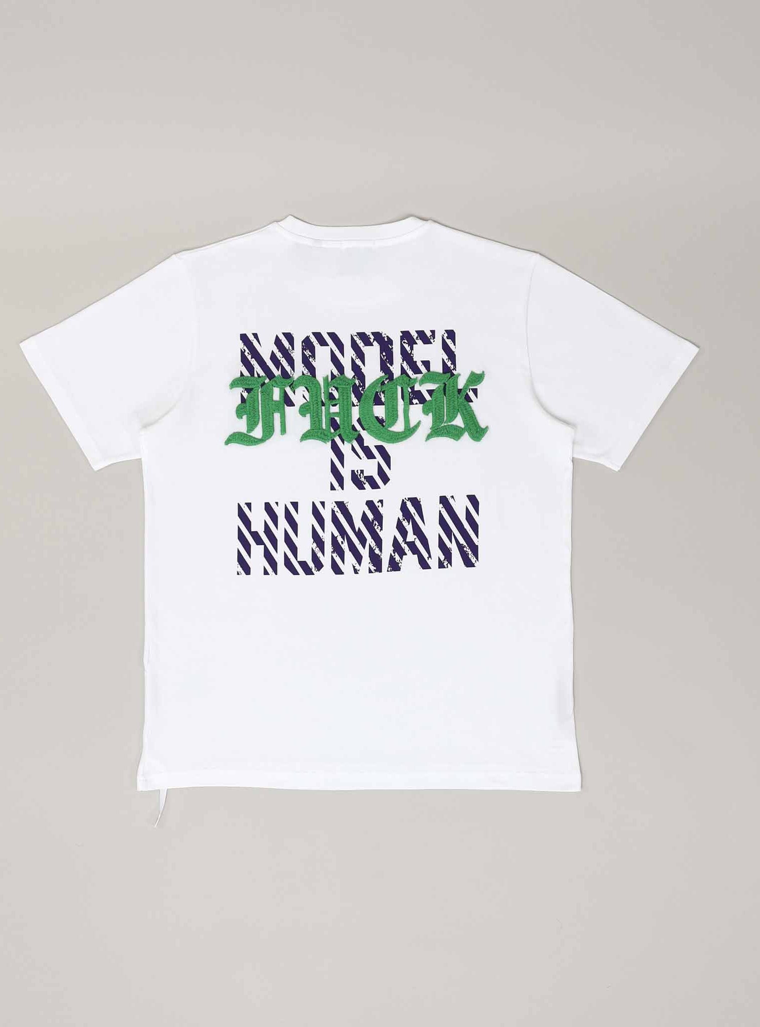 White T-shirt with bold text design.