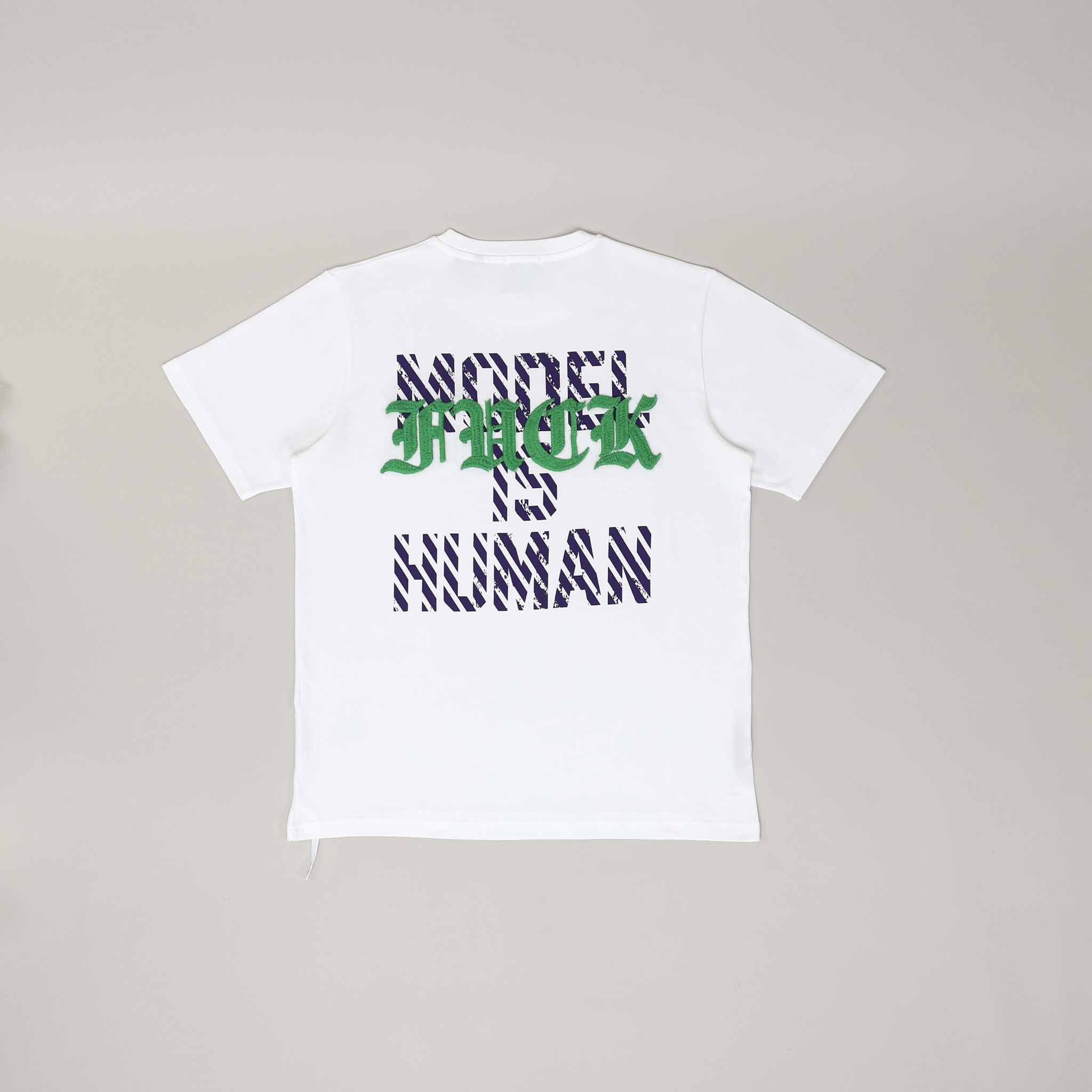 White T-shirt with bold text design.