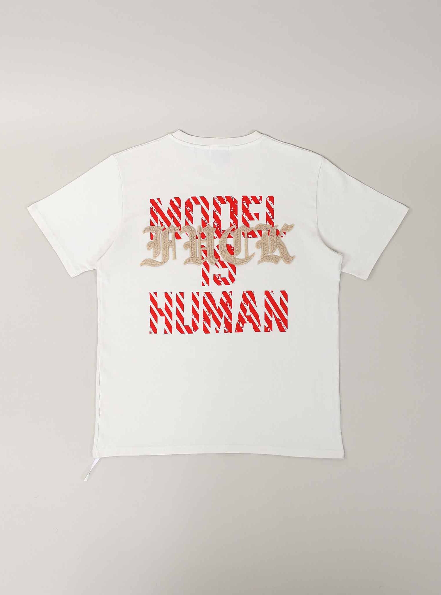White T-shirt with "MODEL IS HUMAN" text.