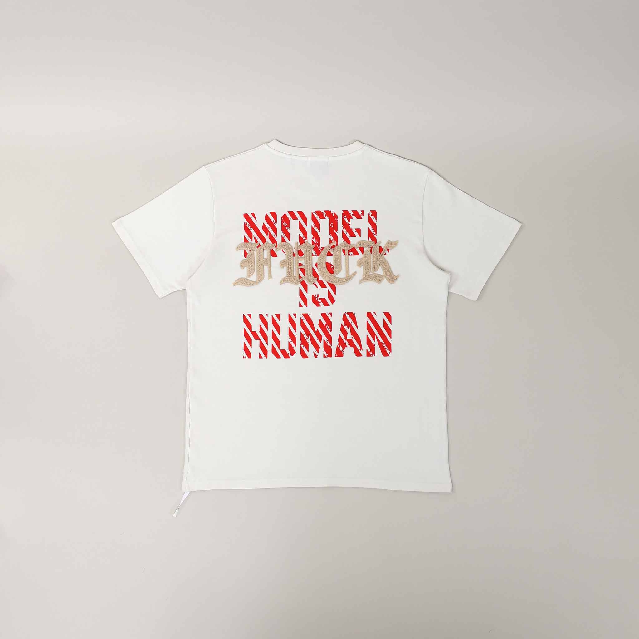 White T-shirt with "MODEL IS HUMAN" text.