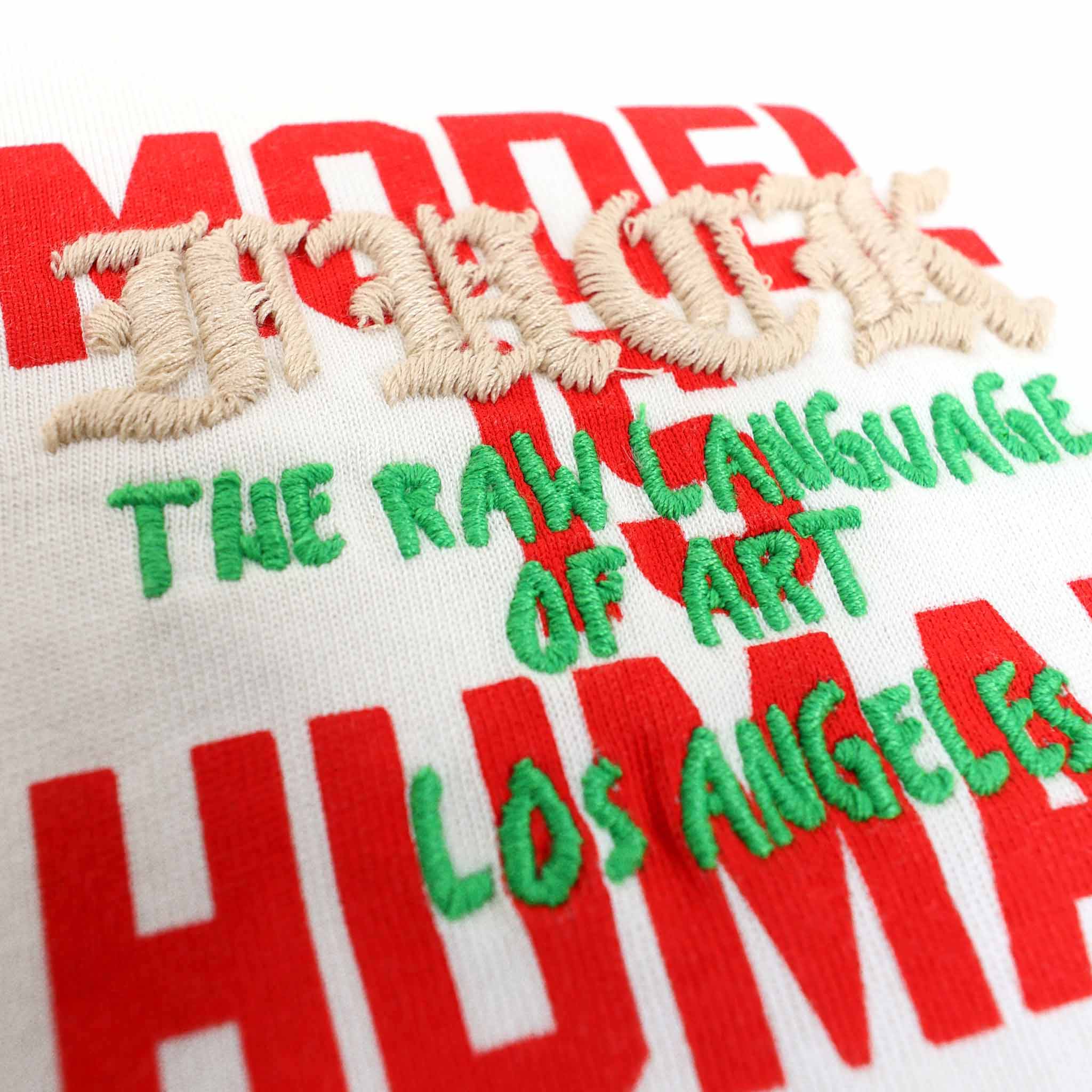 Embroidered text on fabric, colorful letters.