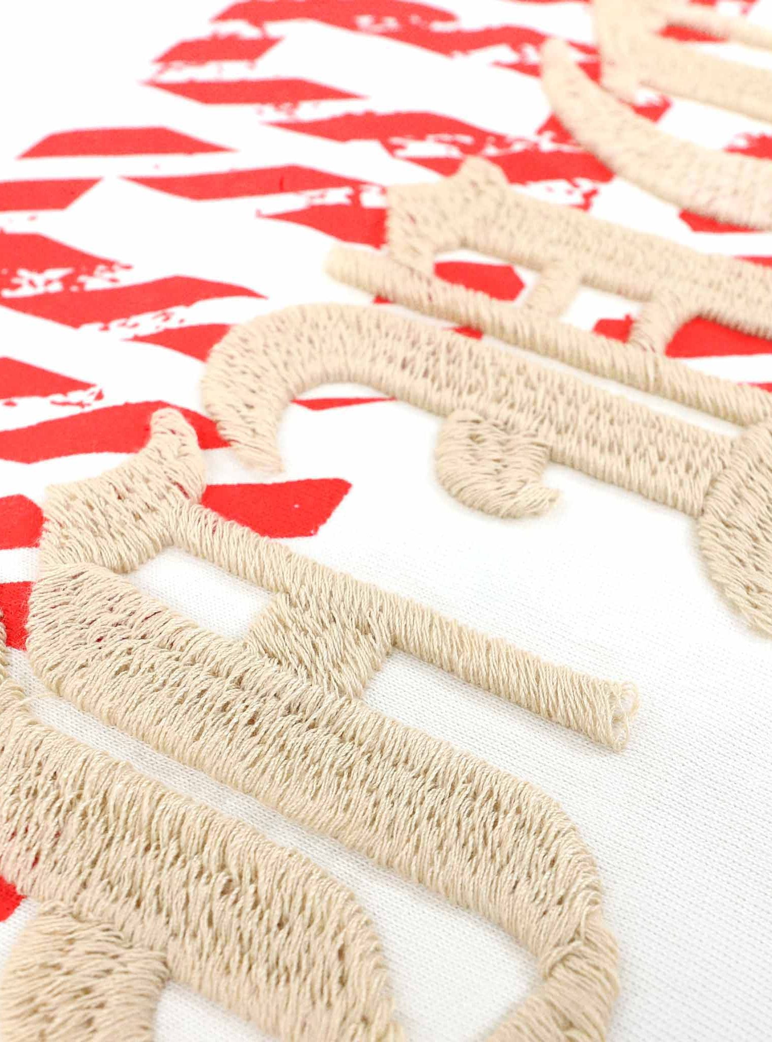 Close-up of textured embroidery on fabric.