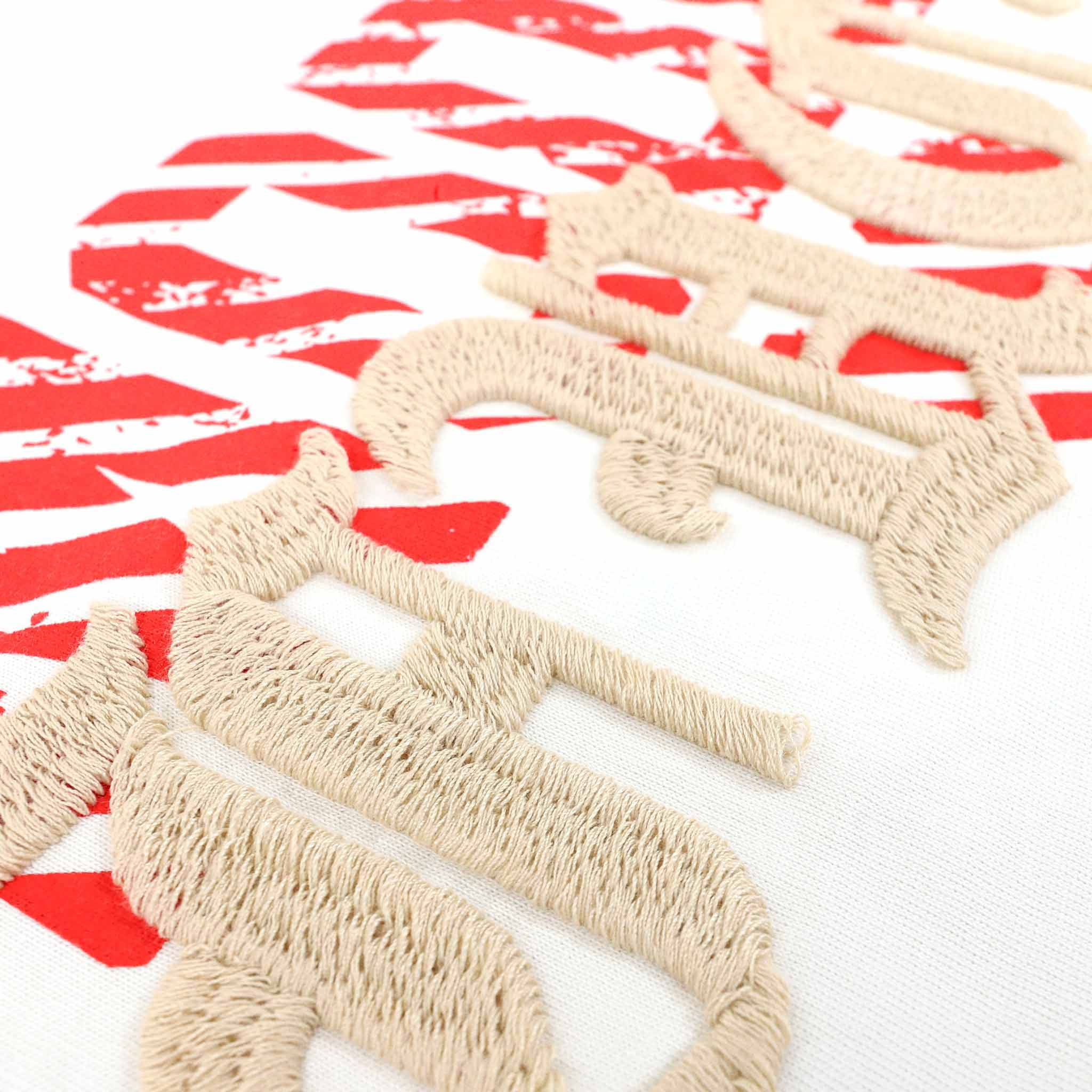 Close-up of textured embroidery on fabric.