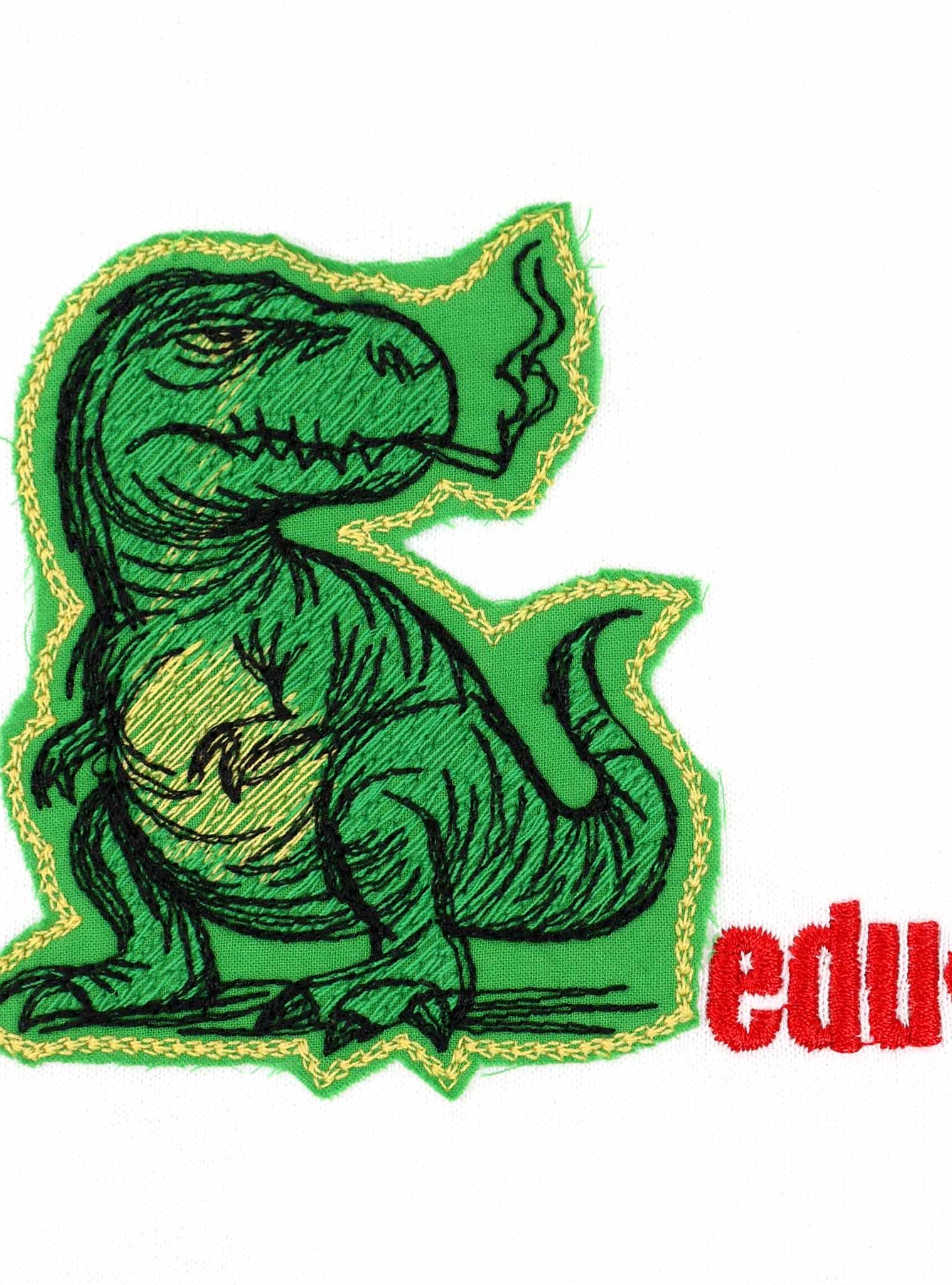 Green dinosaur patch with "edu" text.